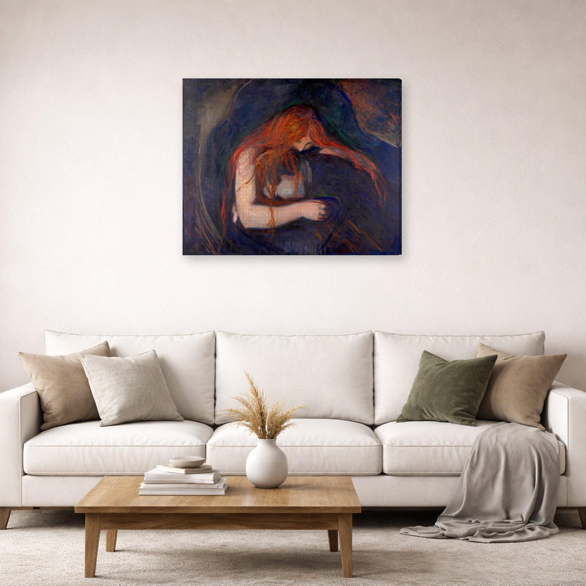 Gallery-wrapped canvas print of Edvard Munch's Vampire displayed on a wall in a living room