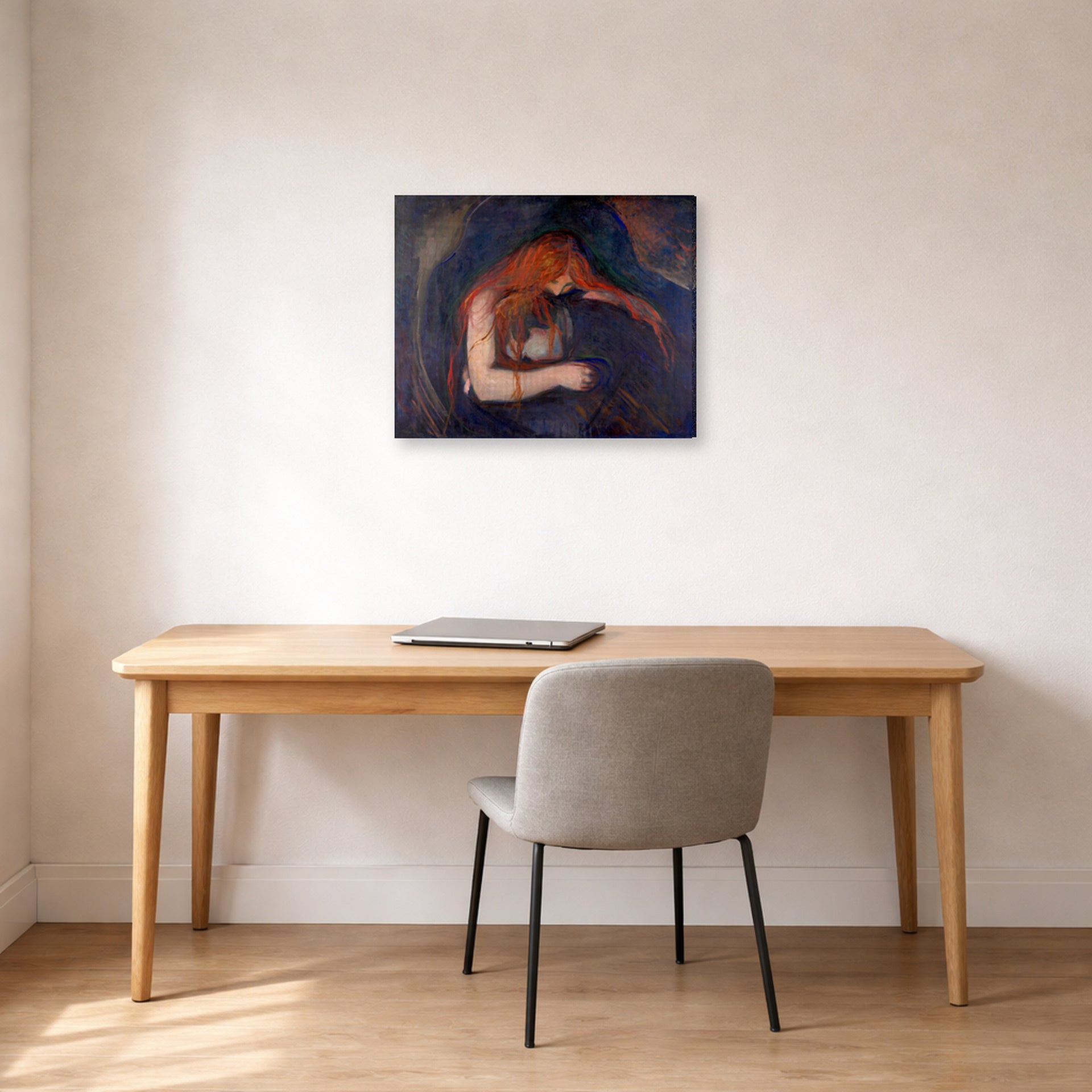 Gallery-wrapped canvas print of Edvard Munch's Vampire displayed on a wall in a home office