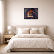 Unframed poster print of Edvard Munch's Vampire displayed on a wall in a bedroom