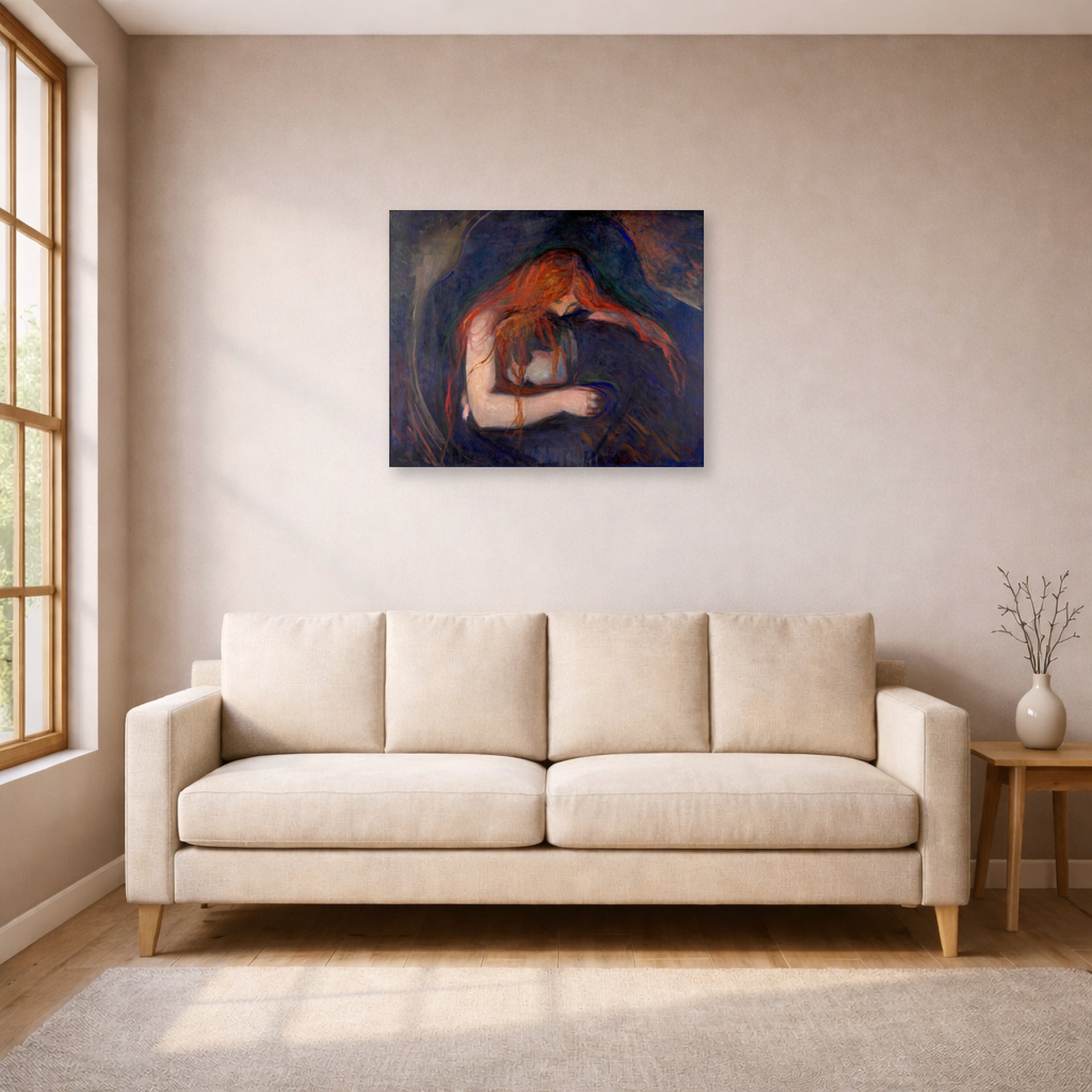 Unframed poster print of Edvard Munch's Vampire displayed on a wall in a living room