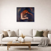 Unframed poster print of Edvard Munch's Vampire displayed on a wall in a living room