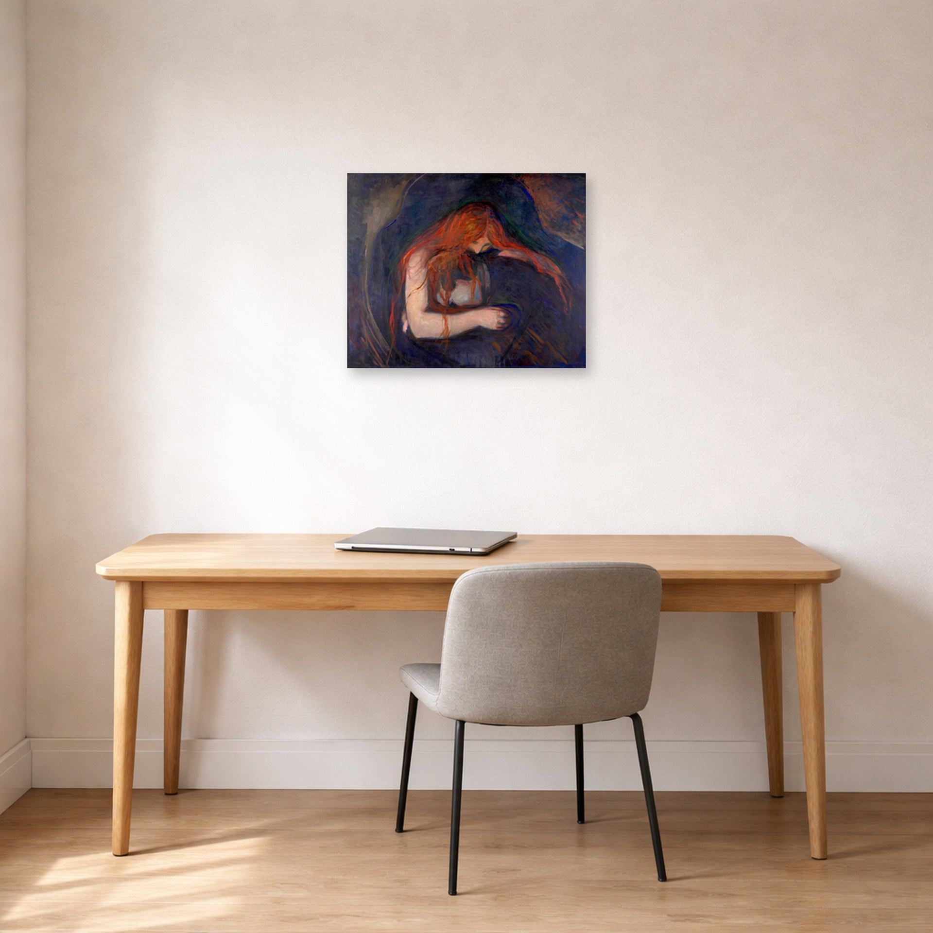 Unframed poster print of Edvard Munch's Vampire displayed on a wall in a home office