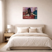 Gallery-wrapped canvas print of Edvard Munch's Weeping Nude displayed on a wall in a bedroom