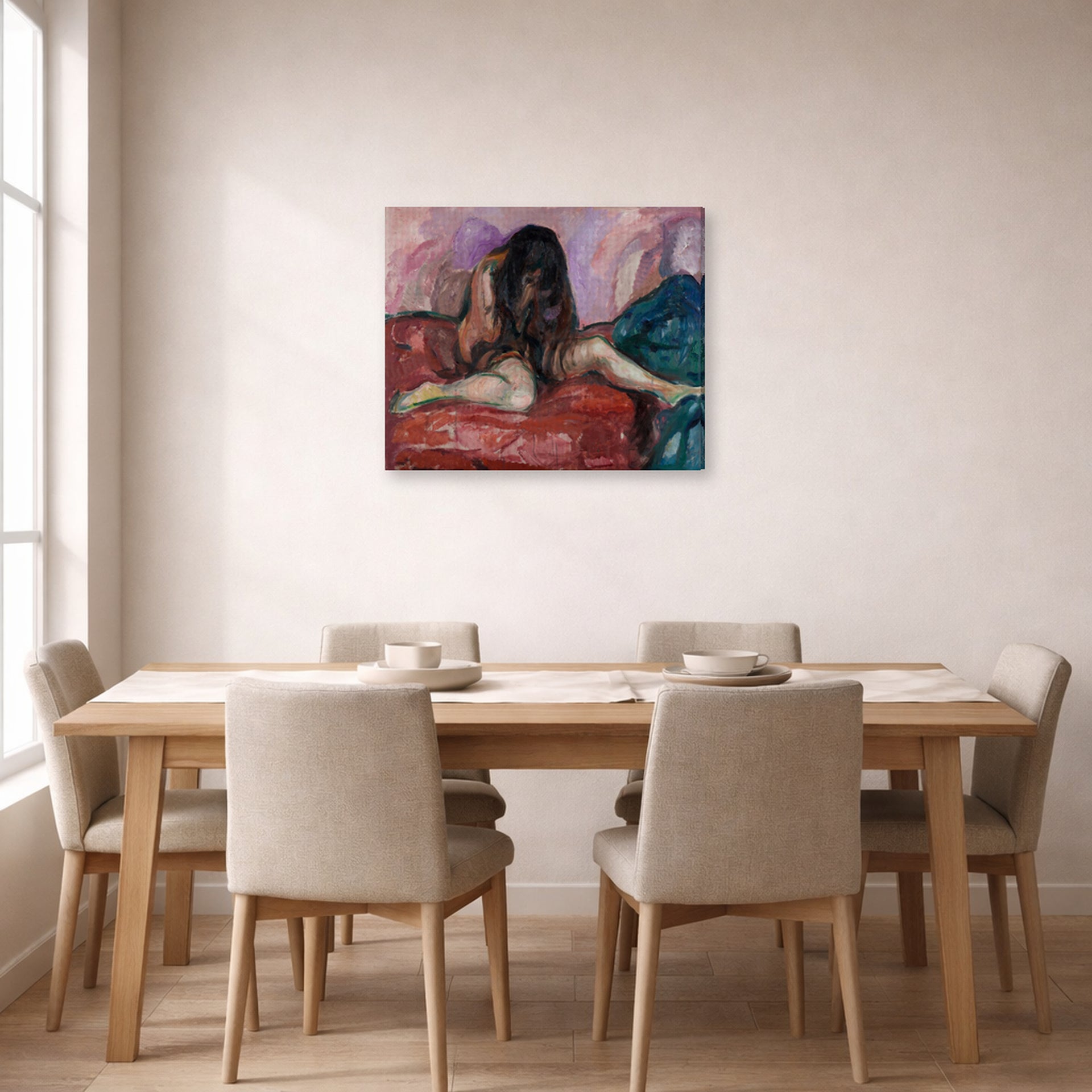 Gallery-wrapped canvas print of Edvard Munch's Weeping Nude displayed on a wall in a dining room