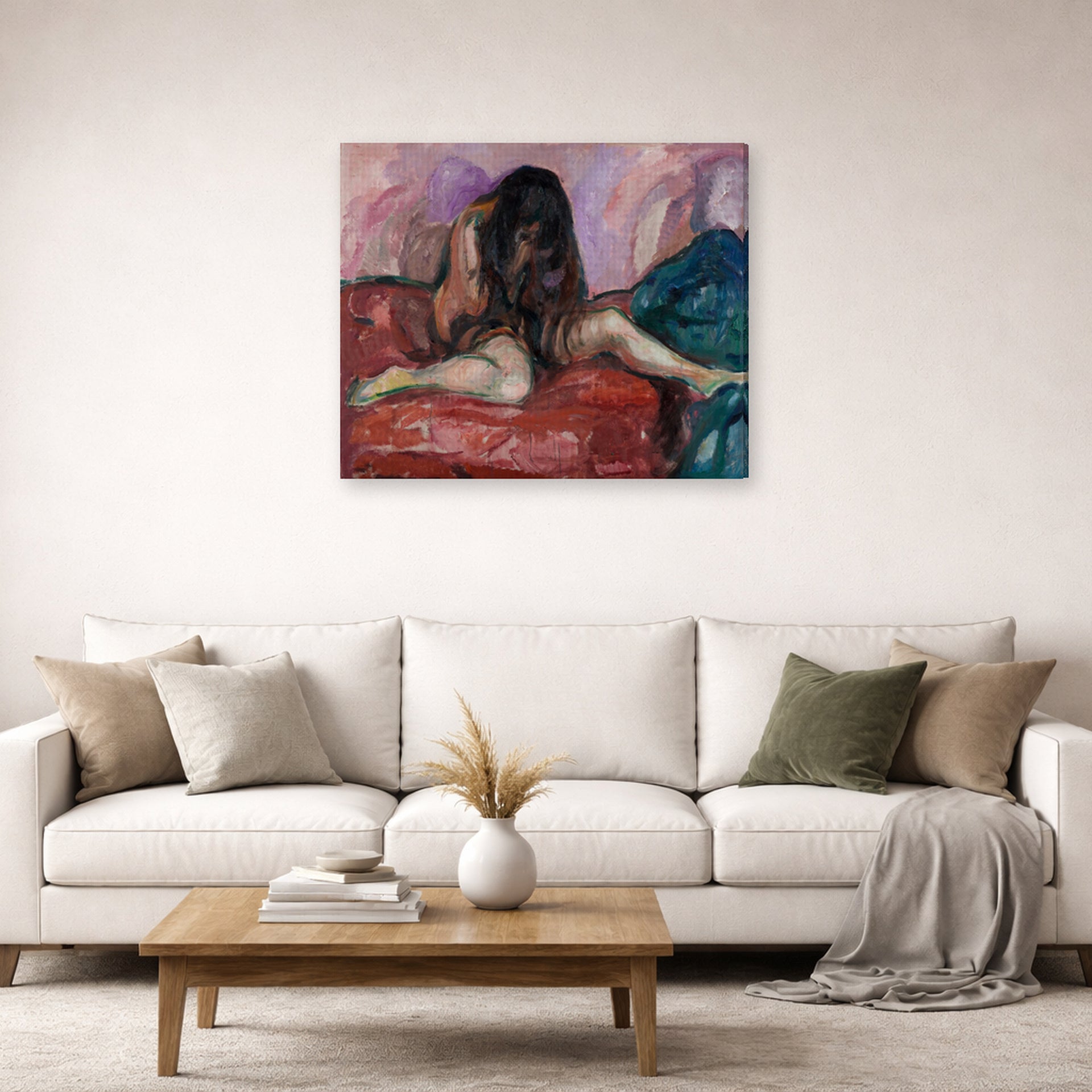 Gallery-wrapped canvas print of Edvard Munch's Weeping Nude displayed on a wall in a living room