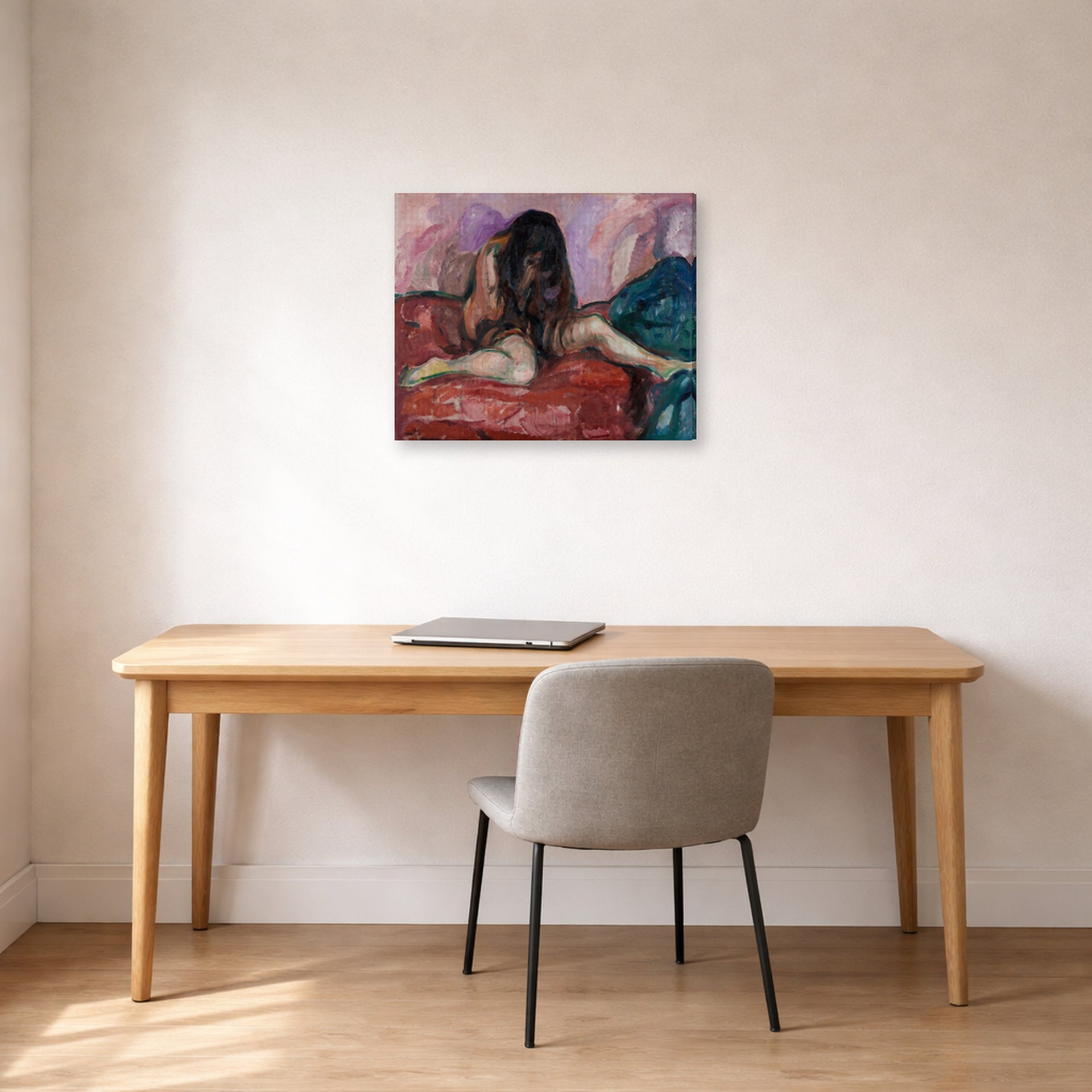 Gallery-wrapped canvas print of Edvard Munch's Weeping Nude displayed on a wall in a home office