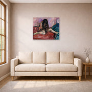 Unframed poster print of Edvard Munch's Weeping Nude displayed on a wall in a living room