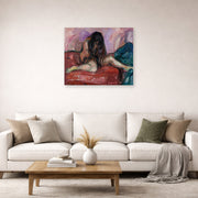 Unframed poster print of Edvard Munch's Weeping Nude displayed on a wall in a living room