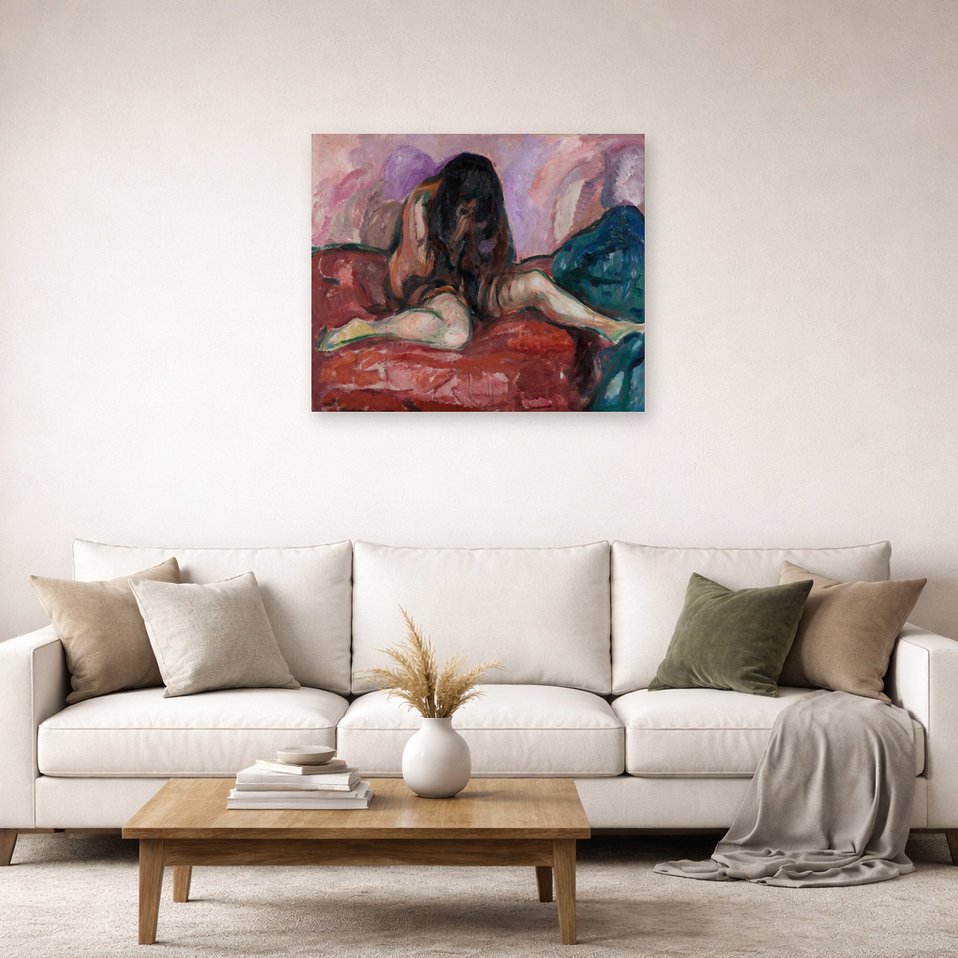 Unframed poster print of Edvard Munch's Weeping Nude displayed on a wall in a living room