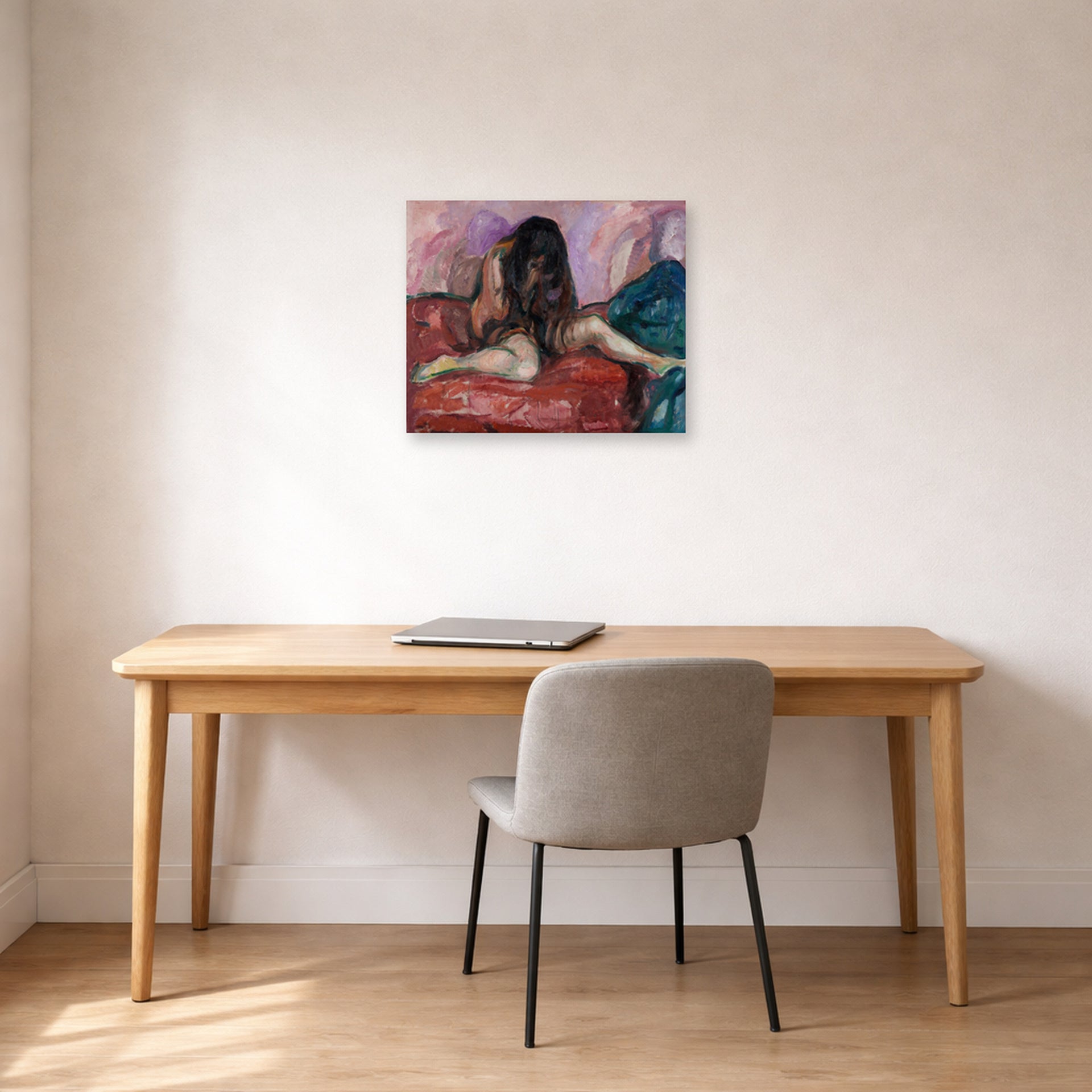 Unframed poster print of Edvard Munch's Weeping Nude displayed on a wall in a home office