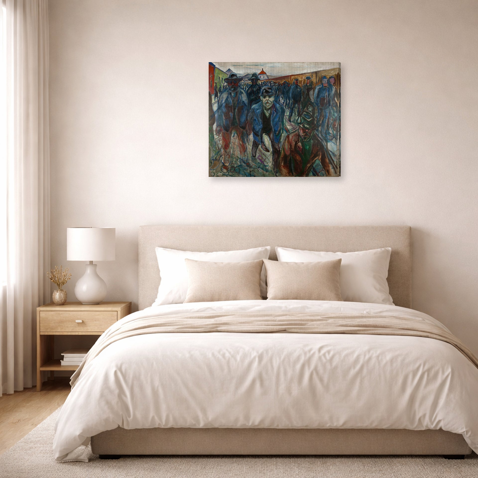 Gallery-wrapped canvas print of Edvard Munch's Workers on their Way Home displayed on a wall in a bedroom