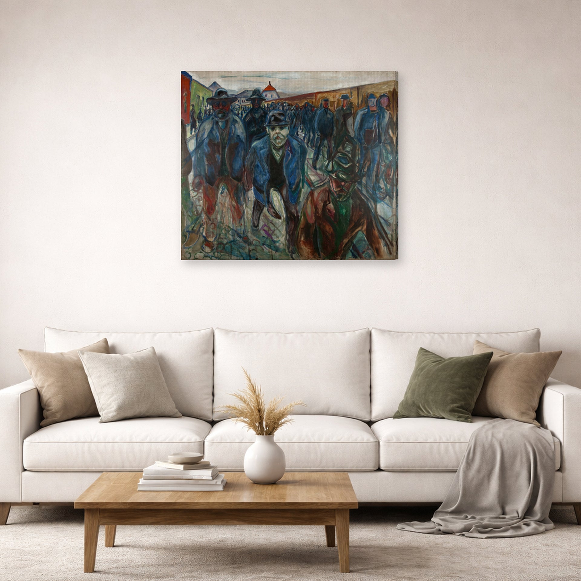 Gallery-wrapped canvas print of Edvard Munch's Workers on their Way Home displayed on a wall in a living room