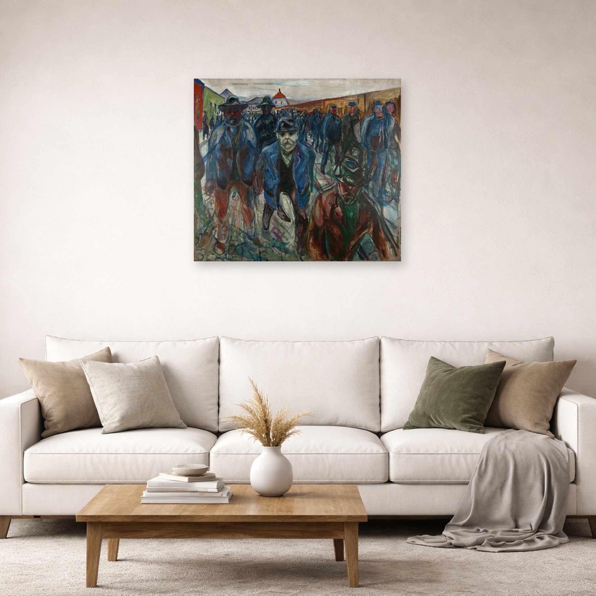 Unframed poster print of Edvard Munch's Workers on their Way Home displayed on a wall in a living room