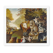 Edward Hicks's 'The Peaceable Kingdom', depicting a lion and lamb resting together with children, a Quaker allegory of peace, reproduced as a rolled canvas print