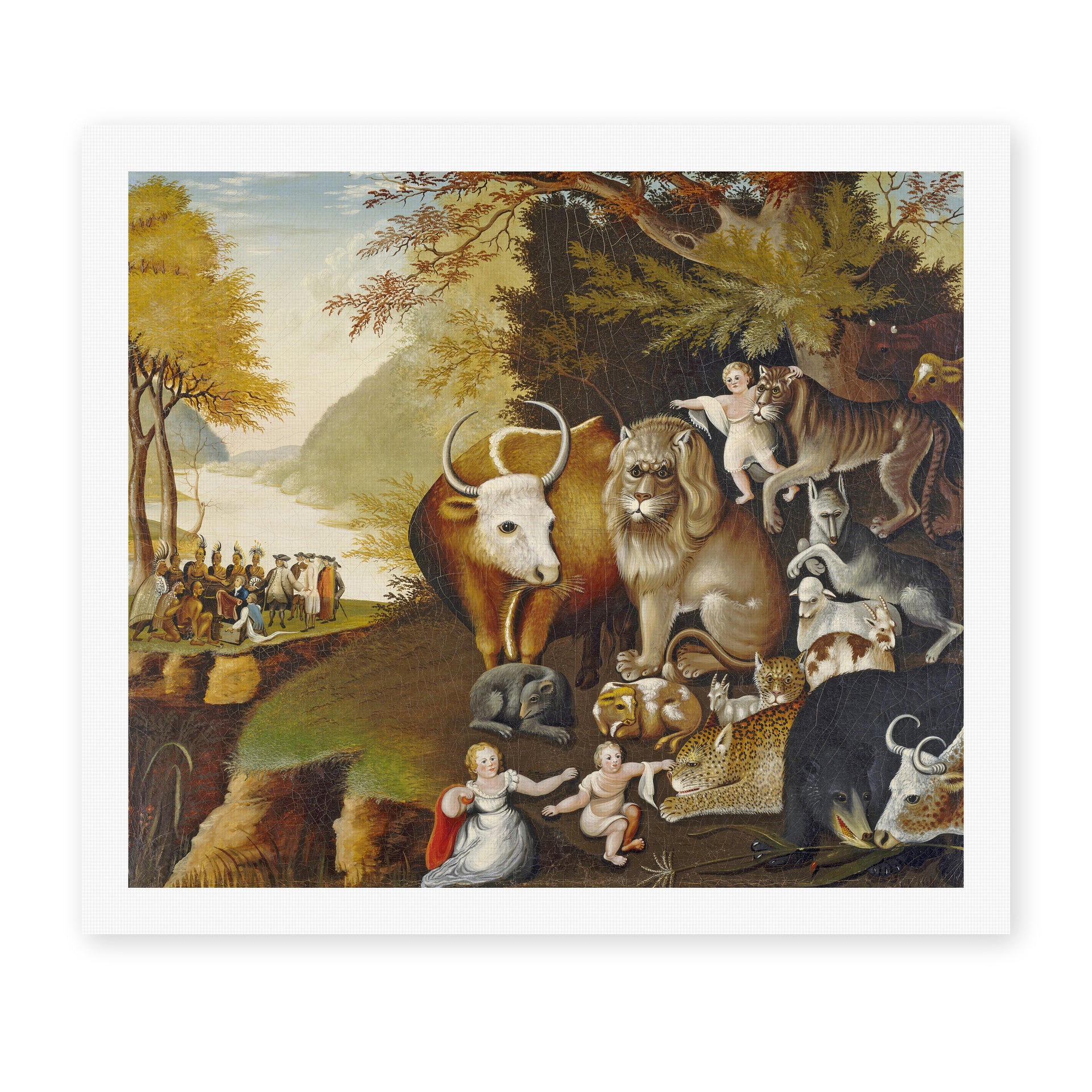 Edward Hicks's 'The Peaceable Kingdom', depicting a lion and lamb resting together with children, a Quaker allegory of peace, reproduced as a rolled canvas print