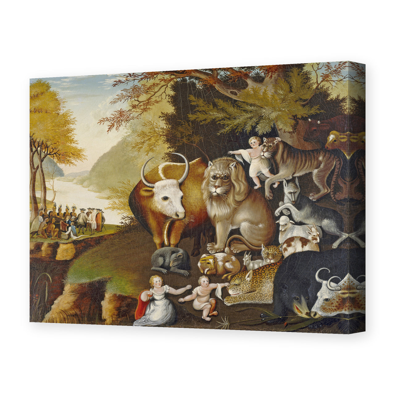 Edward Hicks's 'The Peaceable Kingdom', depicting a lion and lamb resting together with children, a Quaker allegory of peace, reproduced as a gallery-wrapped canvas print