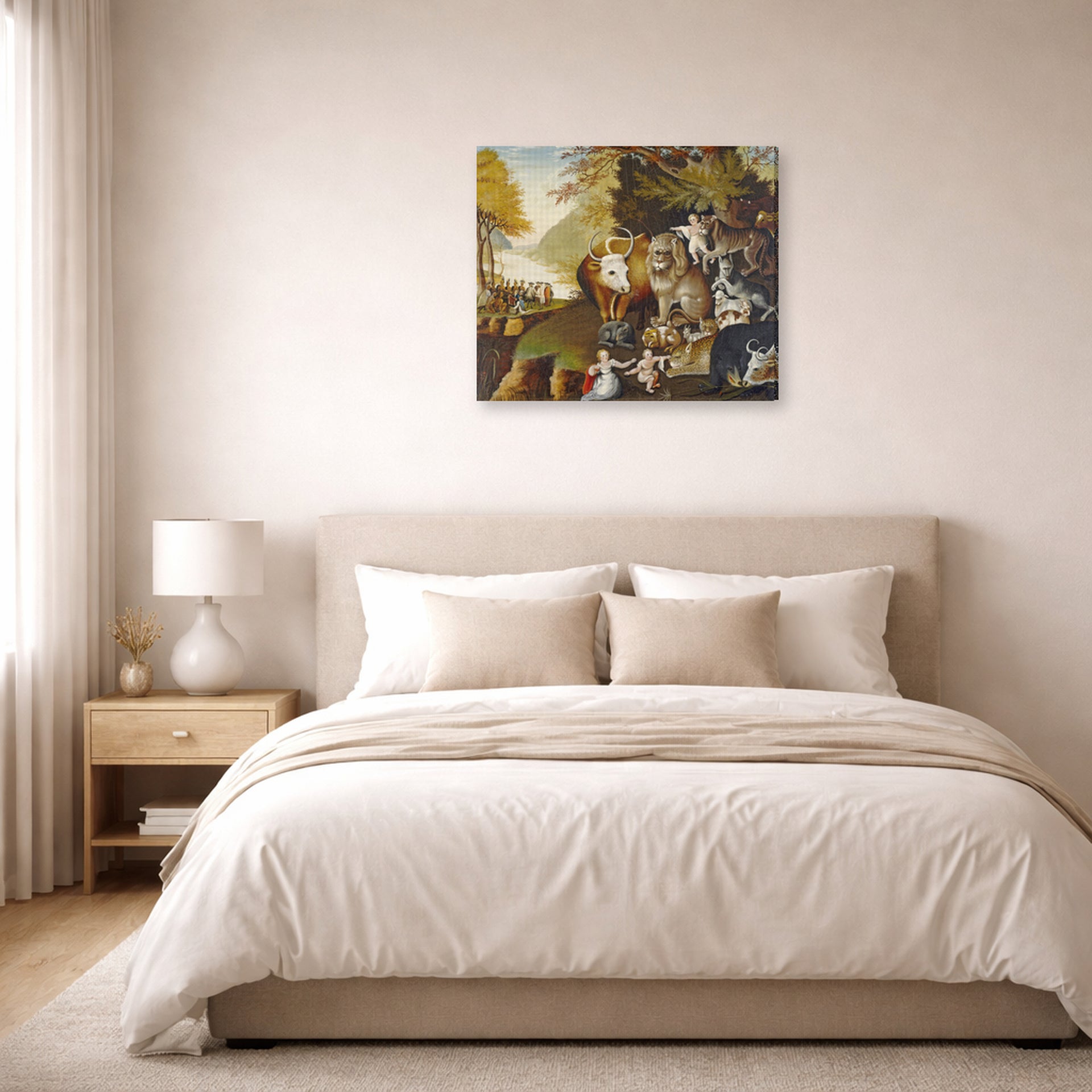 Gallery-wrapped canvas print of Edward Hicks's The Peaceable Kingdom displayed on a wall in a bedroom