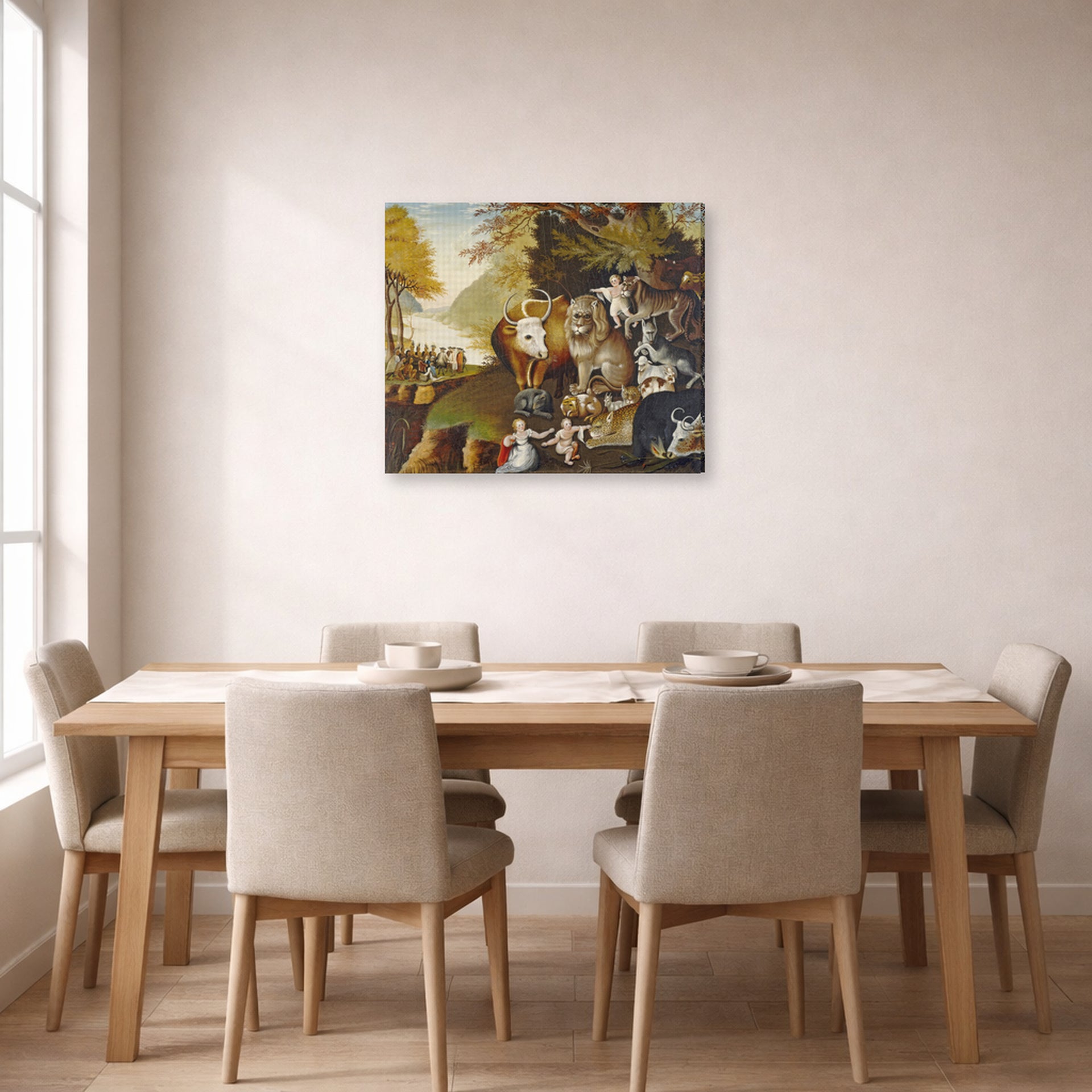 Gallery-wrapped canvas print of Edward Hicks's The Peaceable Kingdom displayed on a wall in a dining