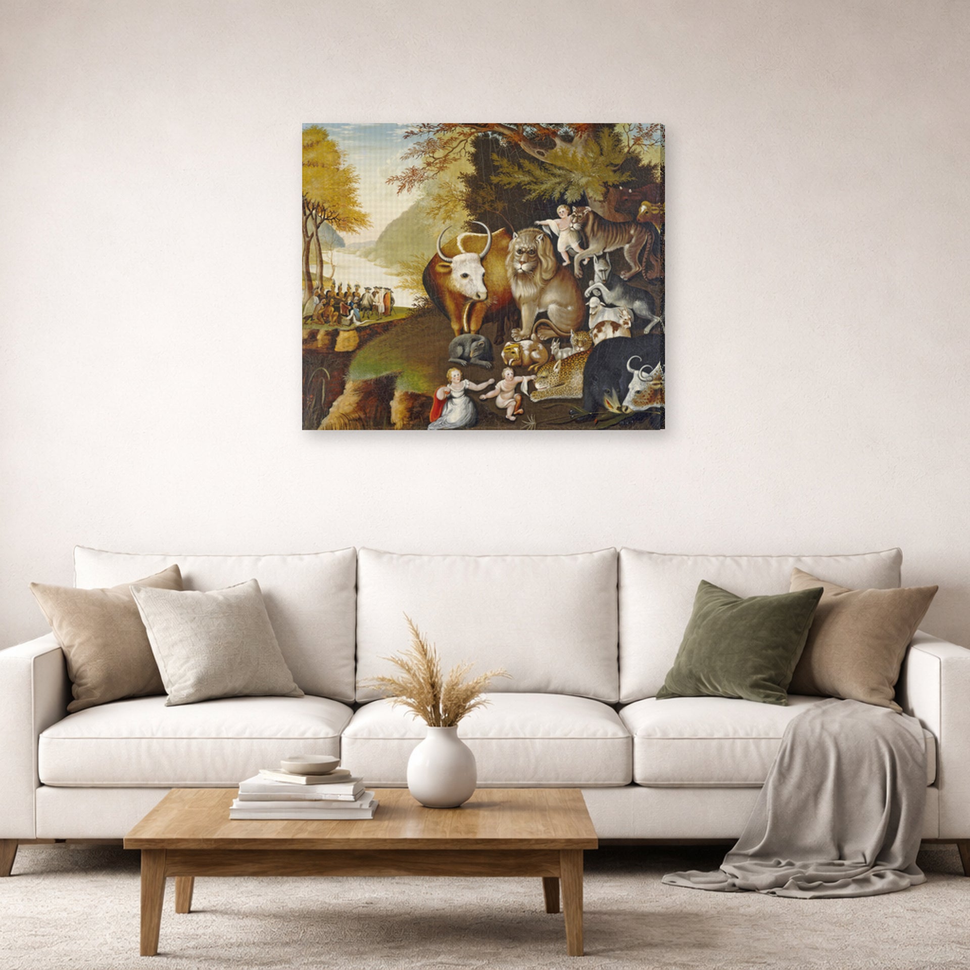 Gallery-wrapped canvas print of Edward Hicks's The Peaceable Kingdom displayed on a wall in a living room