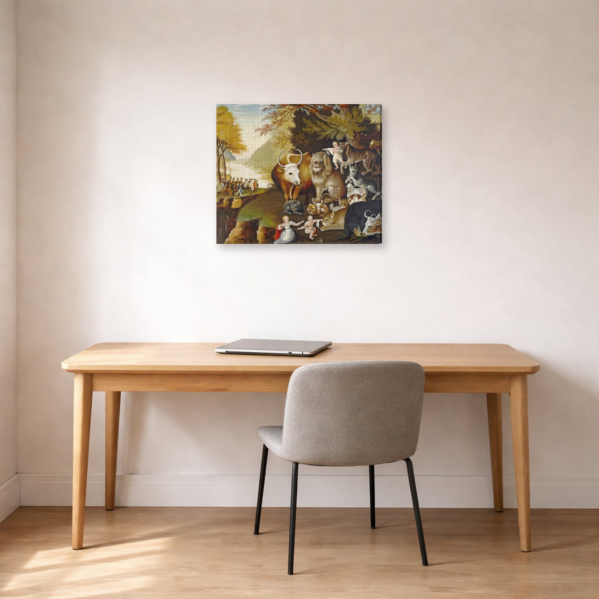 Gallery-wrapped canvas print of Edward Hicks's The Peaceable Kingdom displayed on a wall in a office