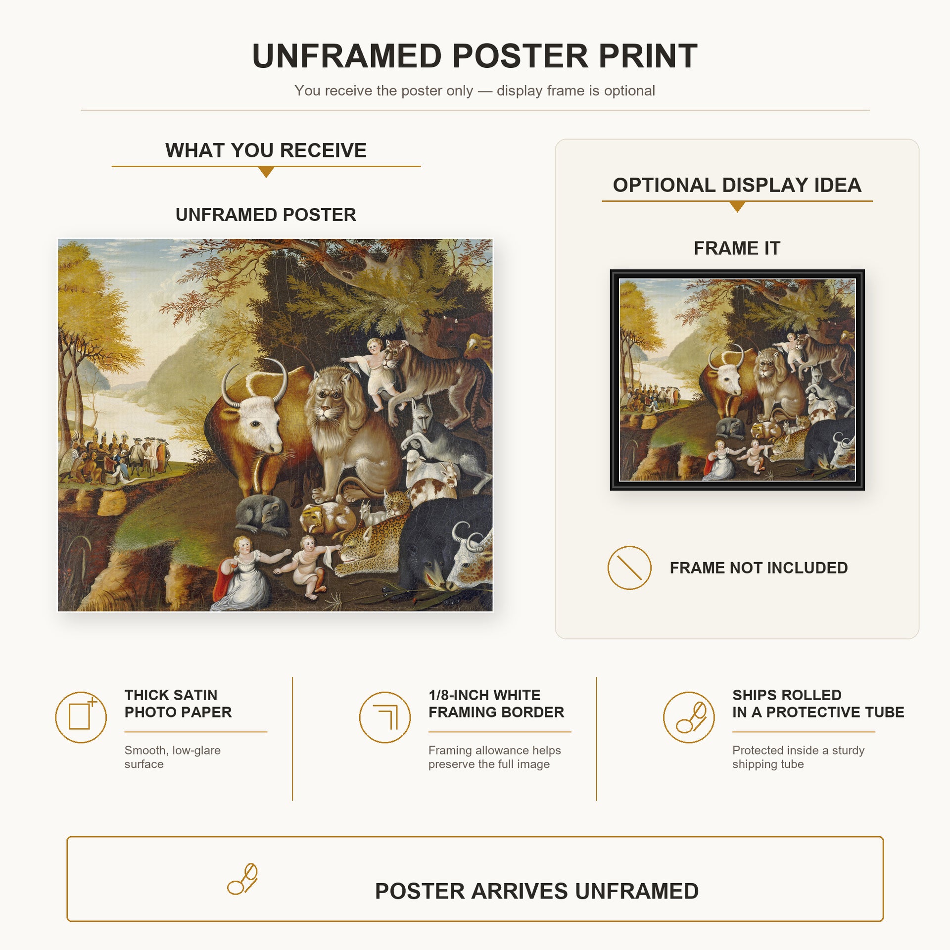 Edward Hicks - The Peaceable Kingdom poster print size comparison and framing display infographic