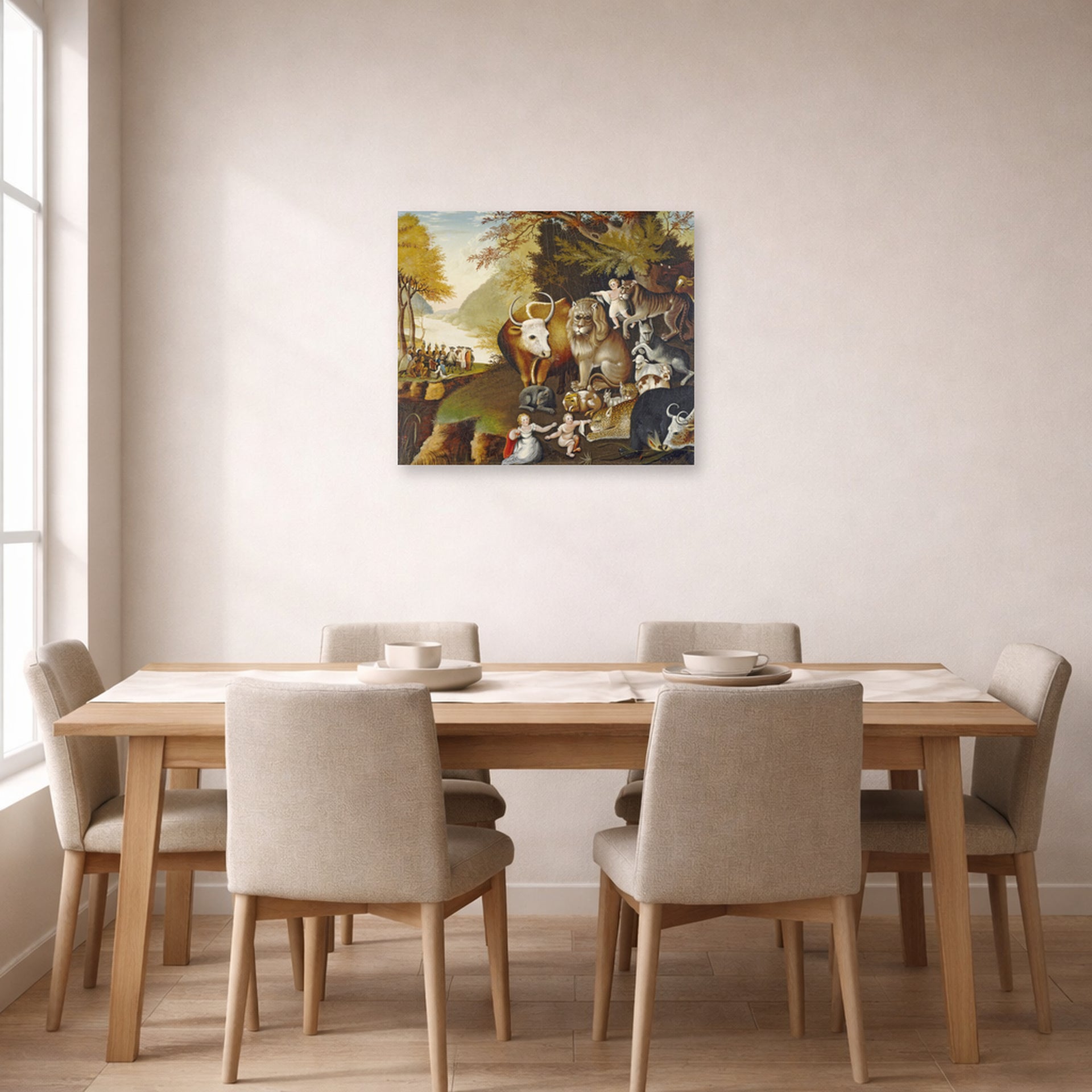 Unframed poster print of Edward Hicks's The Peaceable Kingdom displayed on a wall in a dining