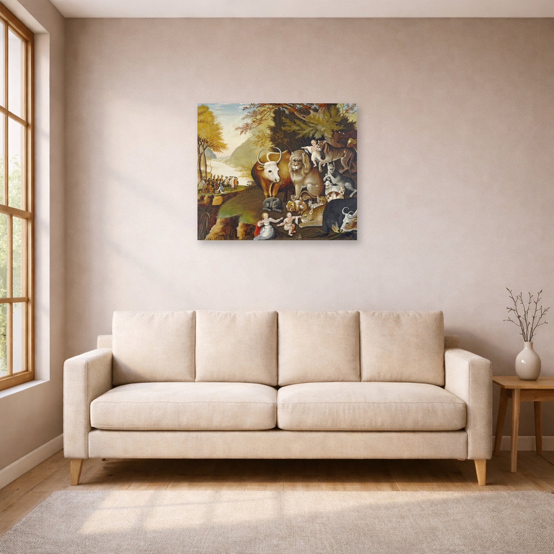 Unframed poster print of Edward Hicks's The Peaceable Kingdom displayed on a wall in a living room