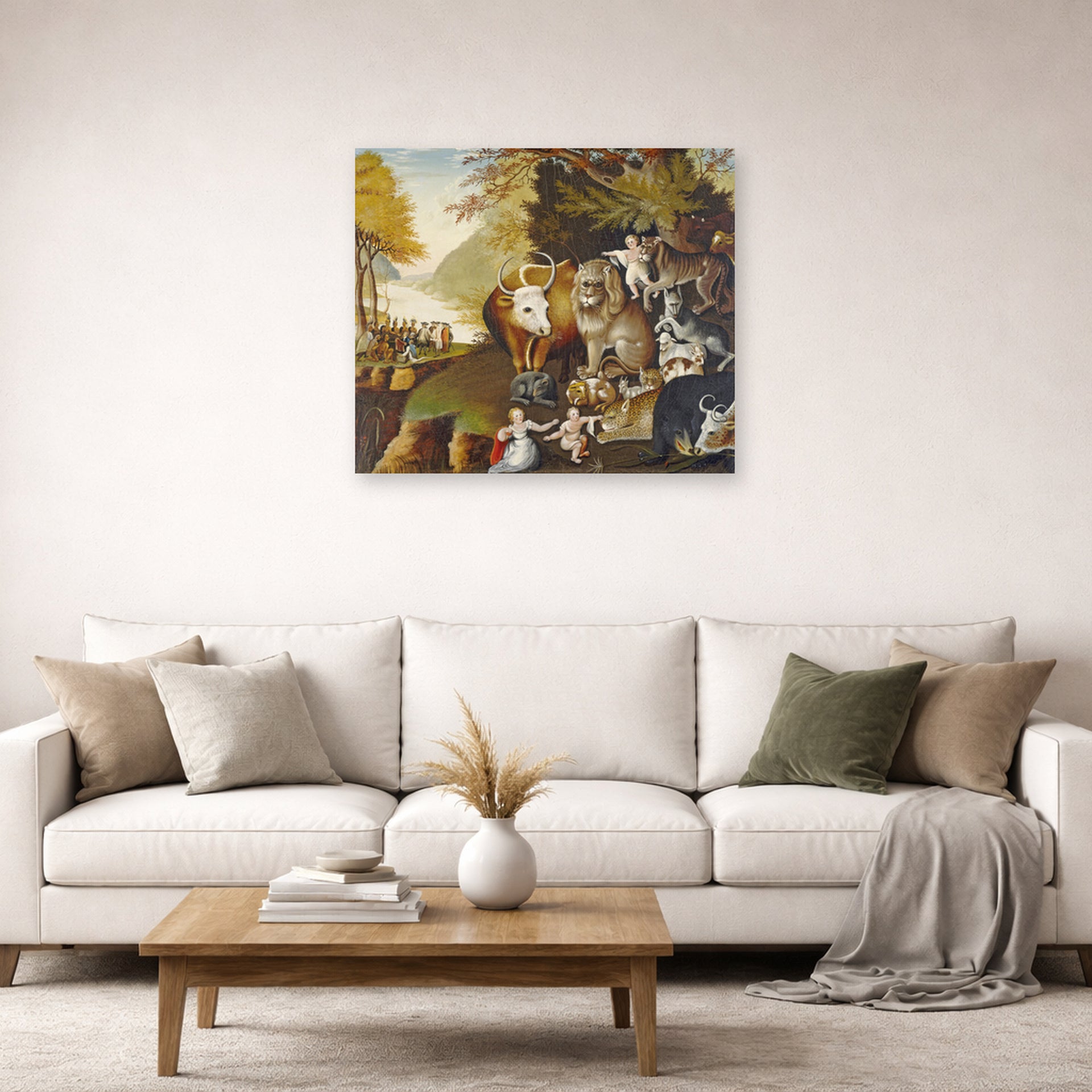 Unframed poster print of Edward Hicks's The Peaceable Kingdom displayed on a wall in a living room