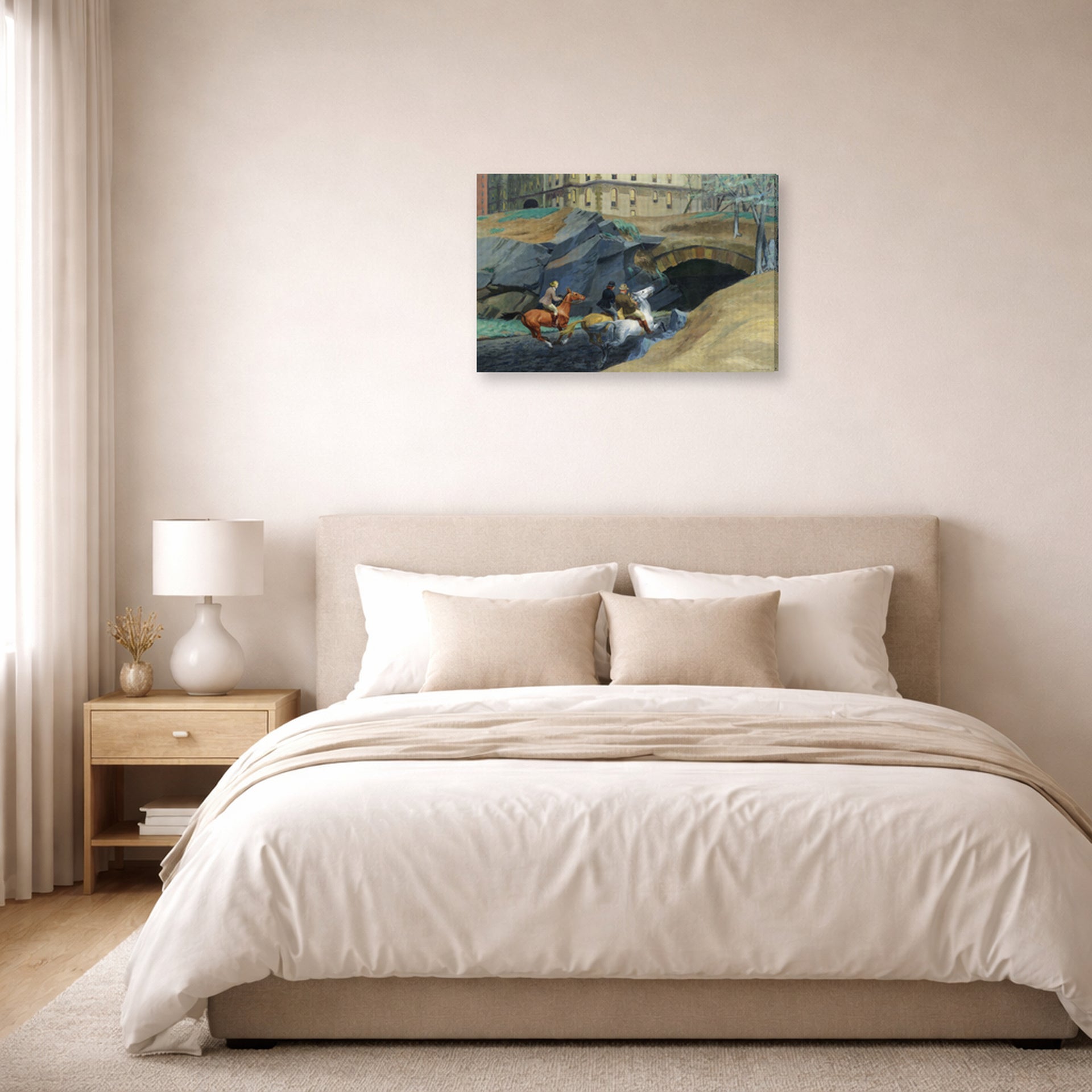 Gallery-wrapped canvas print of Edward Hopper's 'Bridle Path' displayed on a wall in a bedroom