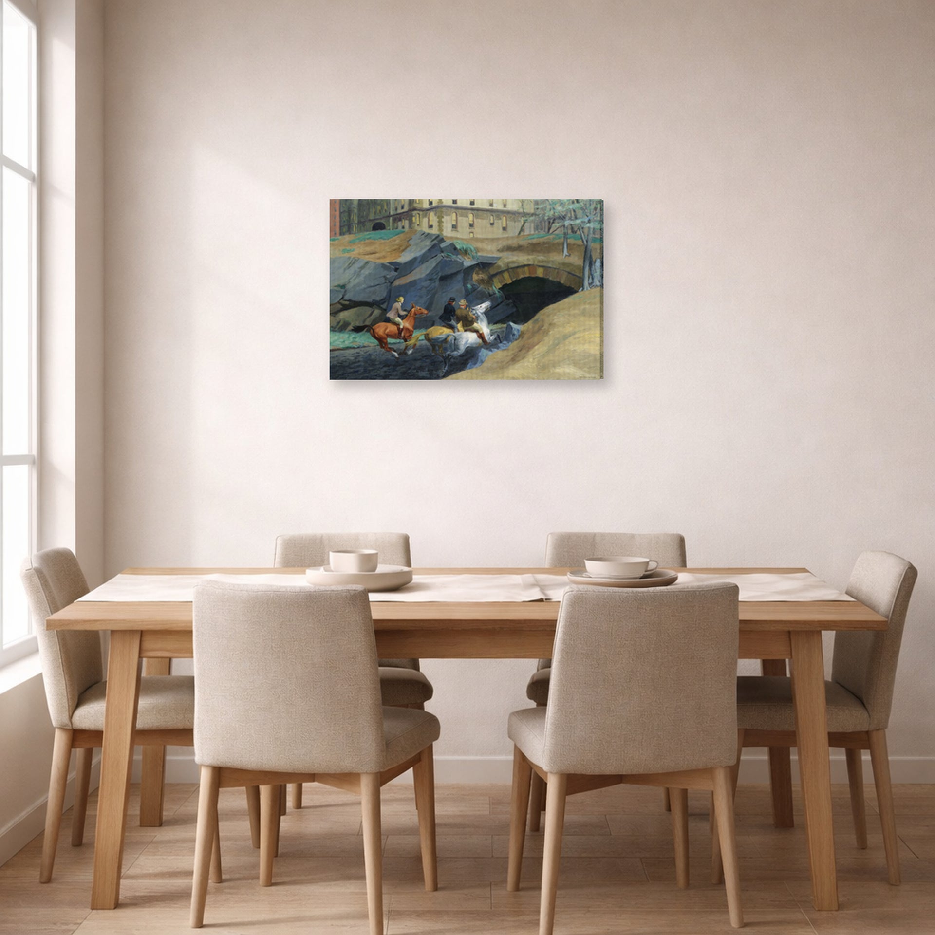 Gallery-wrapped canvas print of Edward Hopper's 'Bridle Path' displayed on a wall in a dining room