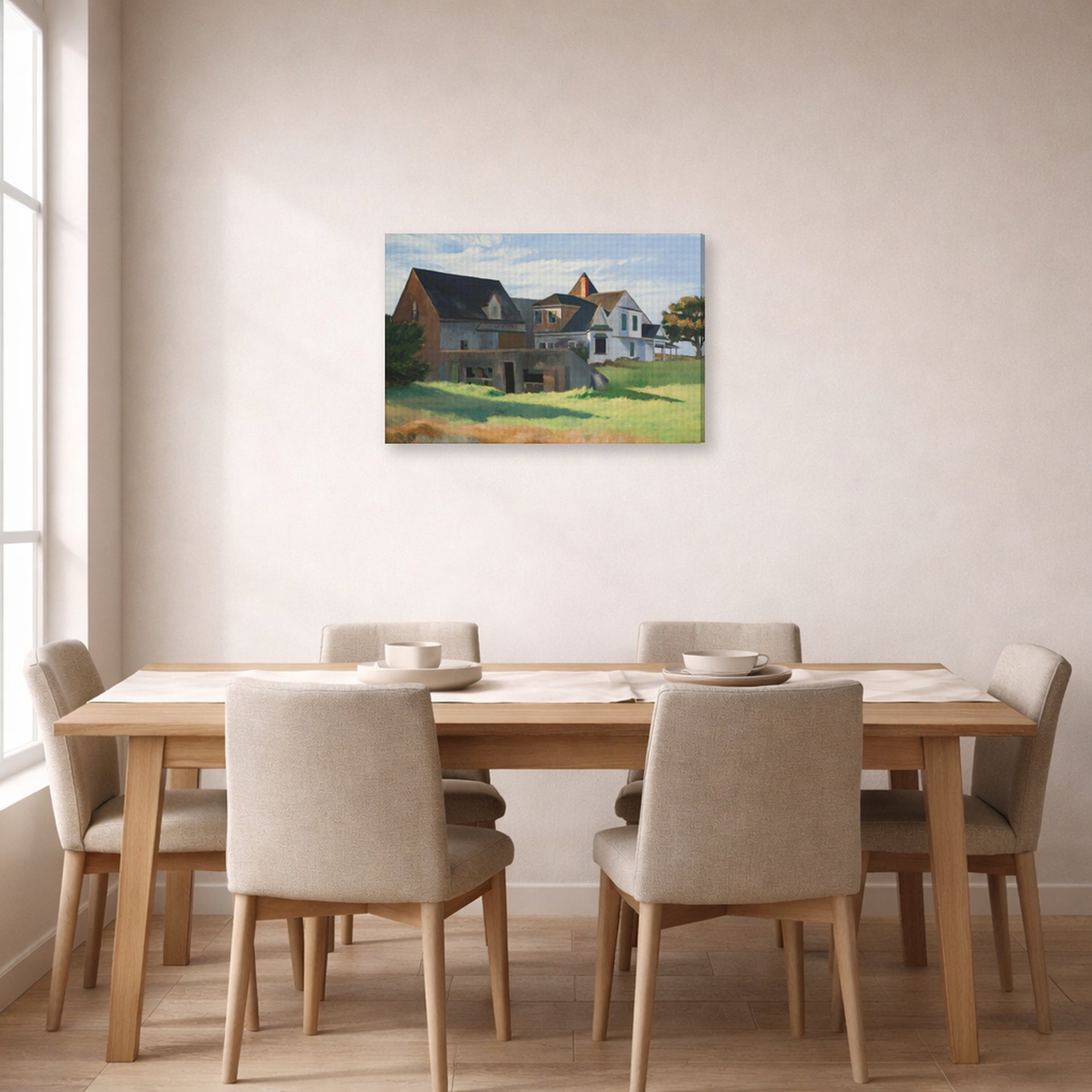 Gallery-wrapped canvas print of Edward Hopper's 'Cape Cod Afternoon' displayed on a wall in a dining room
