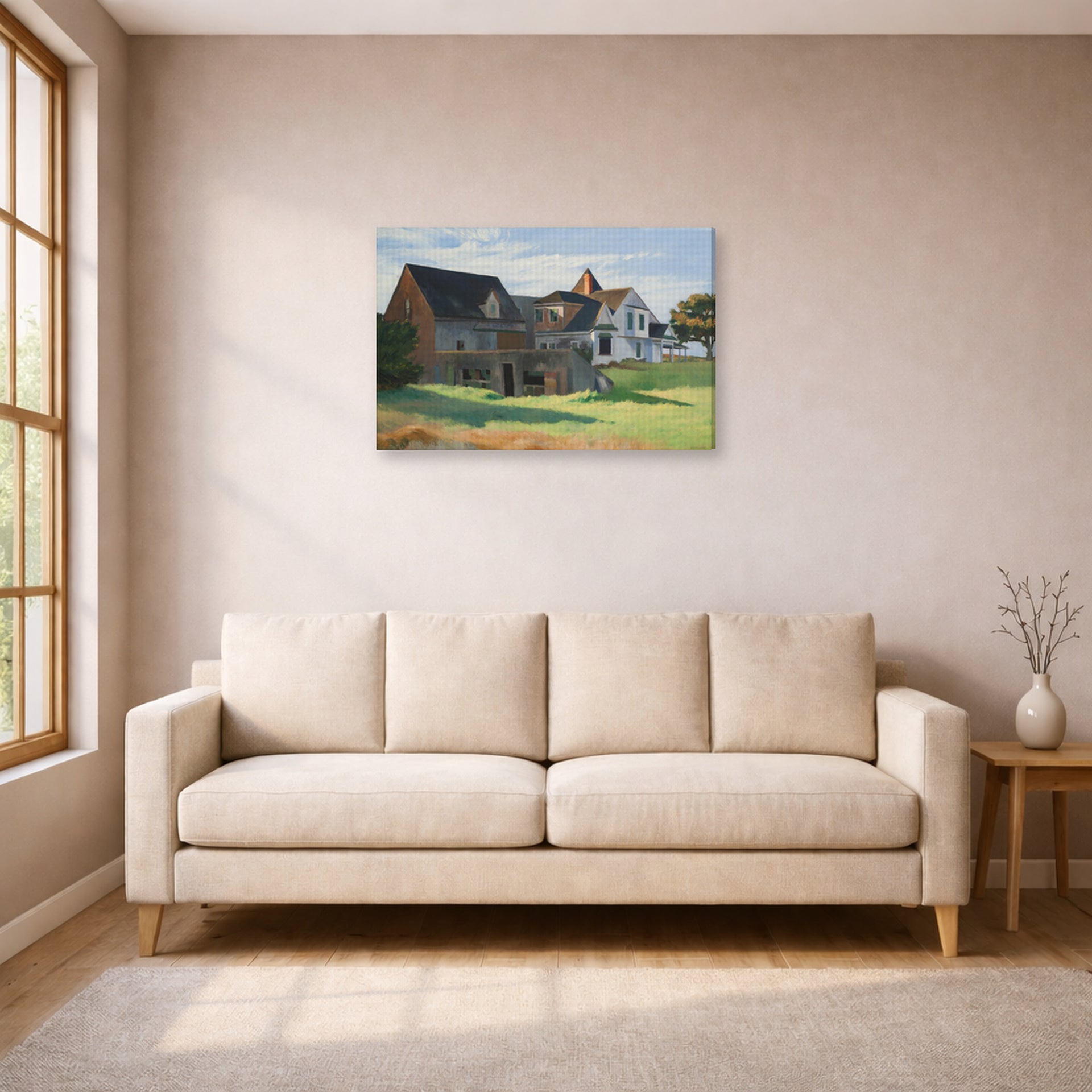 Gallery-wrapped canvas print of Edward Hopper's 'Cape Cod Afternoon' displayed on a wall in a living room (image 1 of 2)