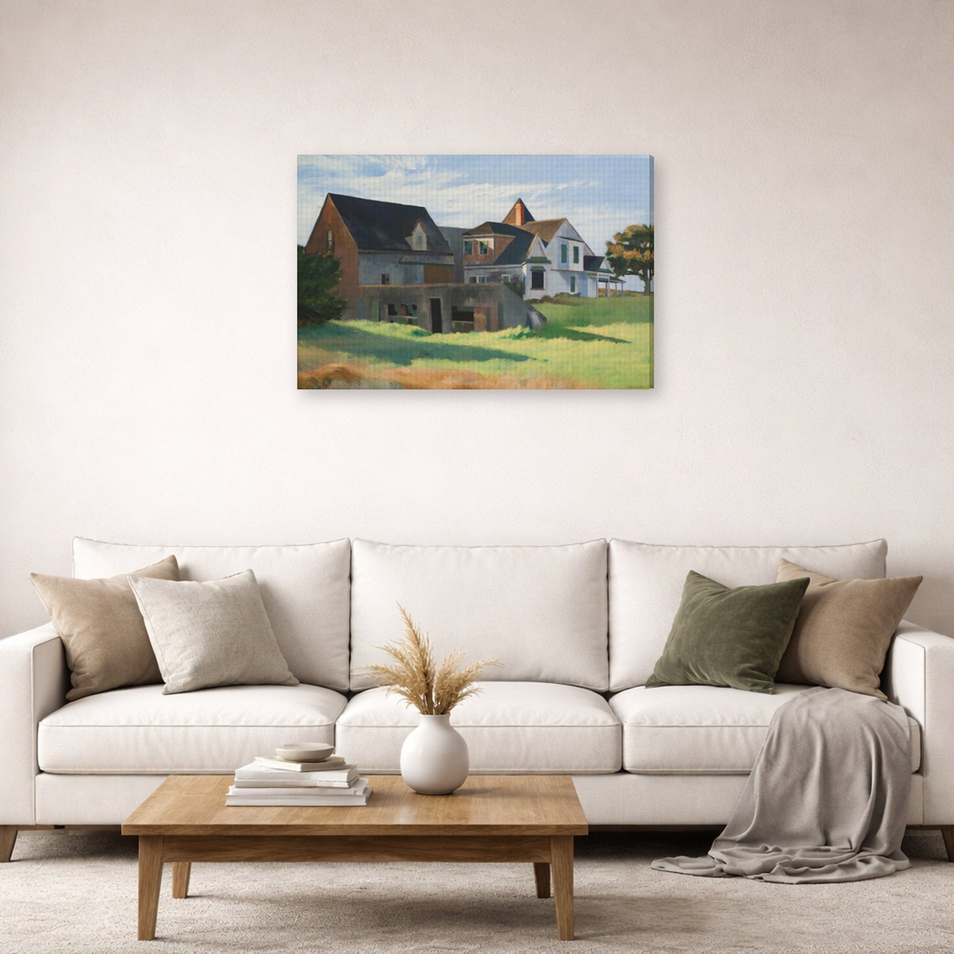 Gallery-wrapped canvas print of Edward Hopper's 'Cape Cod Afternoon' displayed on a wall in a living room (image 2 of 2)