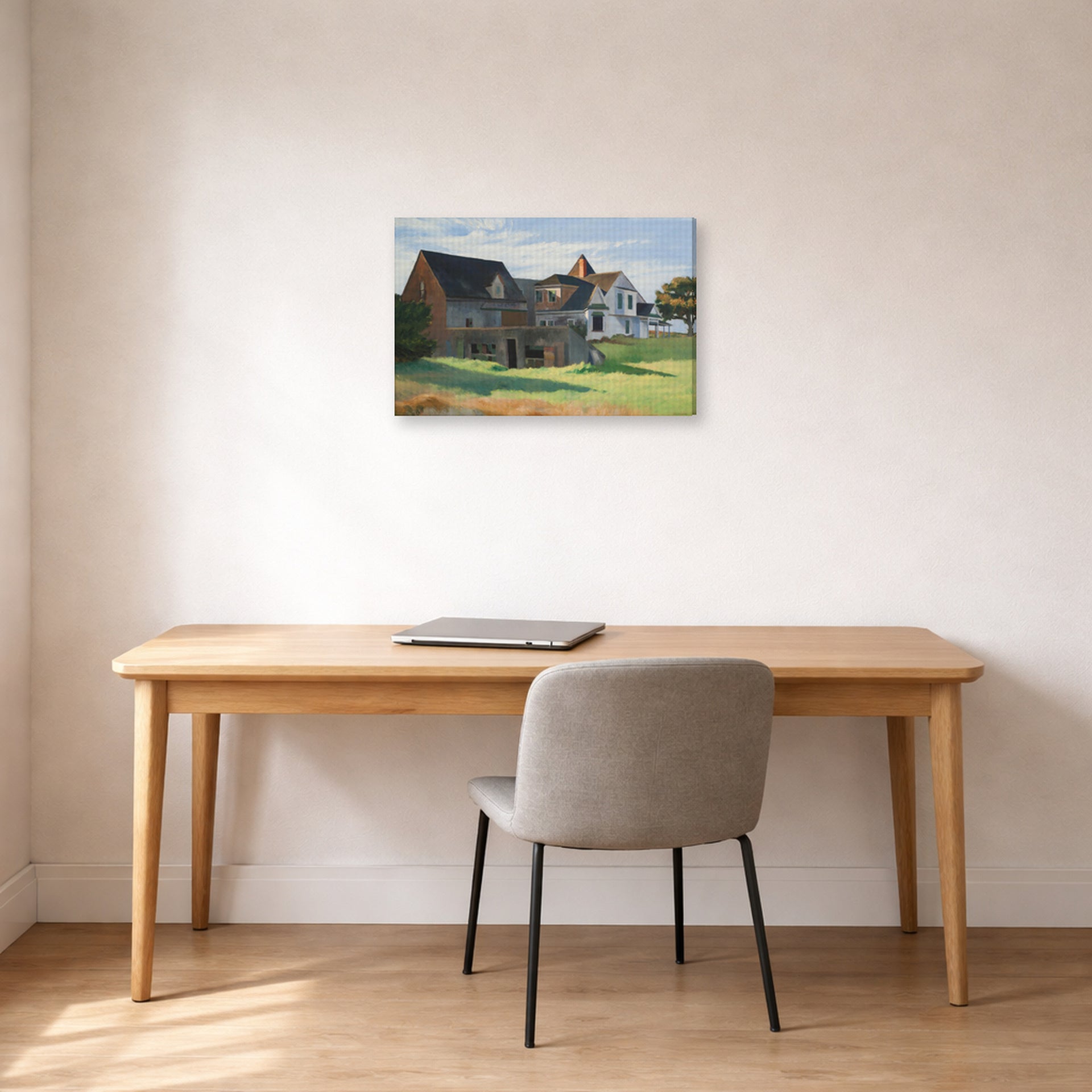 Gallery-wrapped canvas print of Edward Hopper's 'Cape Cod Afternoon' displayed on a wall in an office