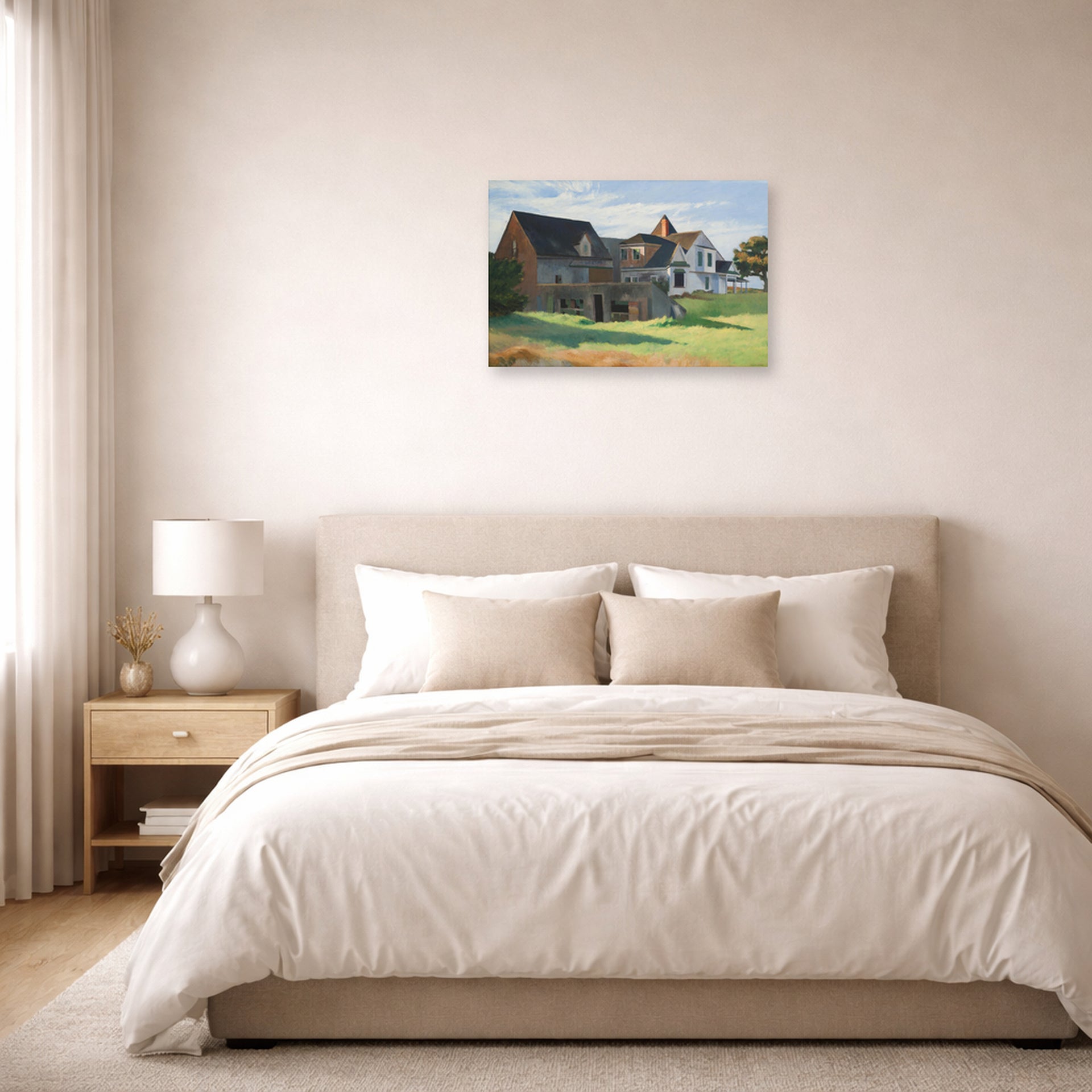 Unframed poster print of Edward Hopper's 'Cape Cod Afternoon' displayed on a wall in a bedroom