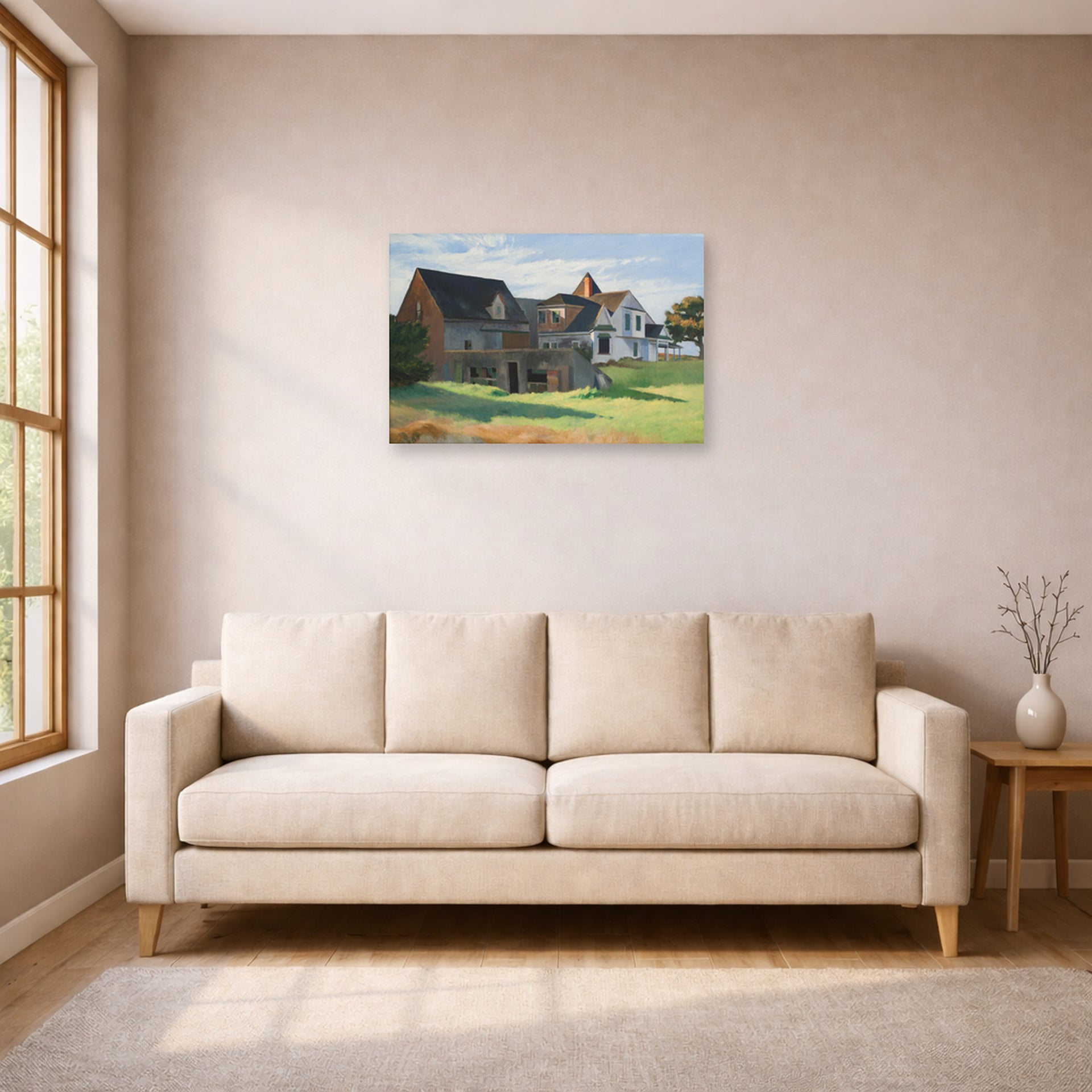 Unframed poster print of Edward Hopper's 'Cape Cod Afternoon' displayed on a wall in a living room (image 1 of 2)