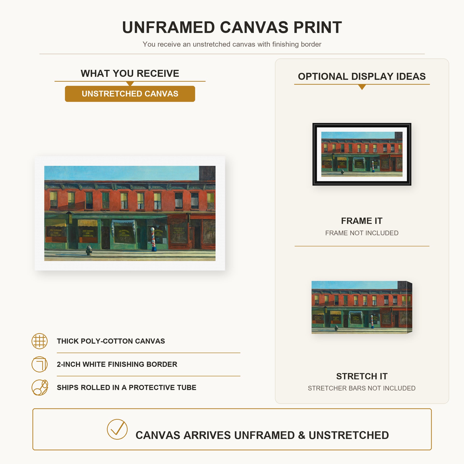 Edward Hopper - Early Sunday Morning canvas print size comparison and framing display infographic
