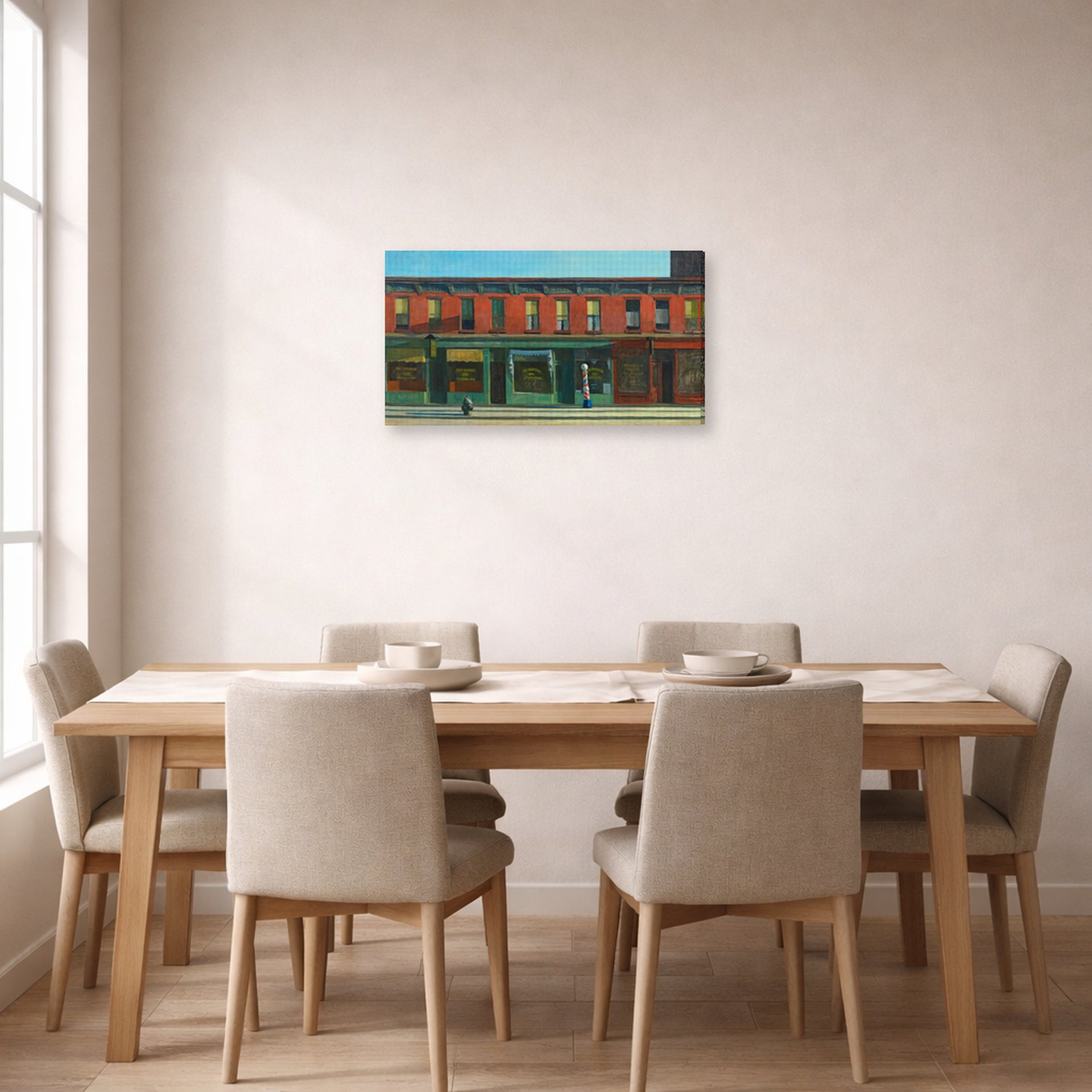 Gallery-wrapped canvas print of Edward Hopper's 'Early Sunday Morning' displayed on a wall in a dining room