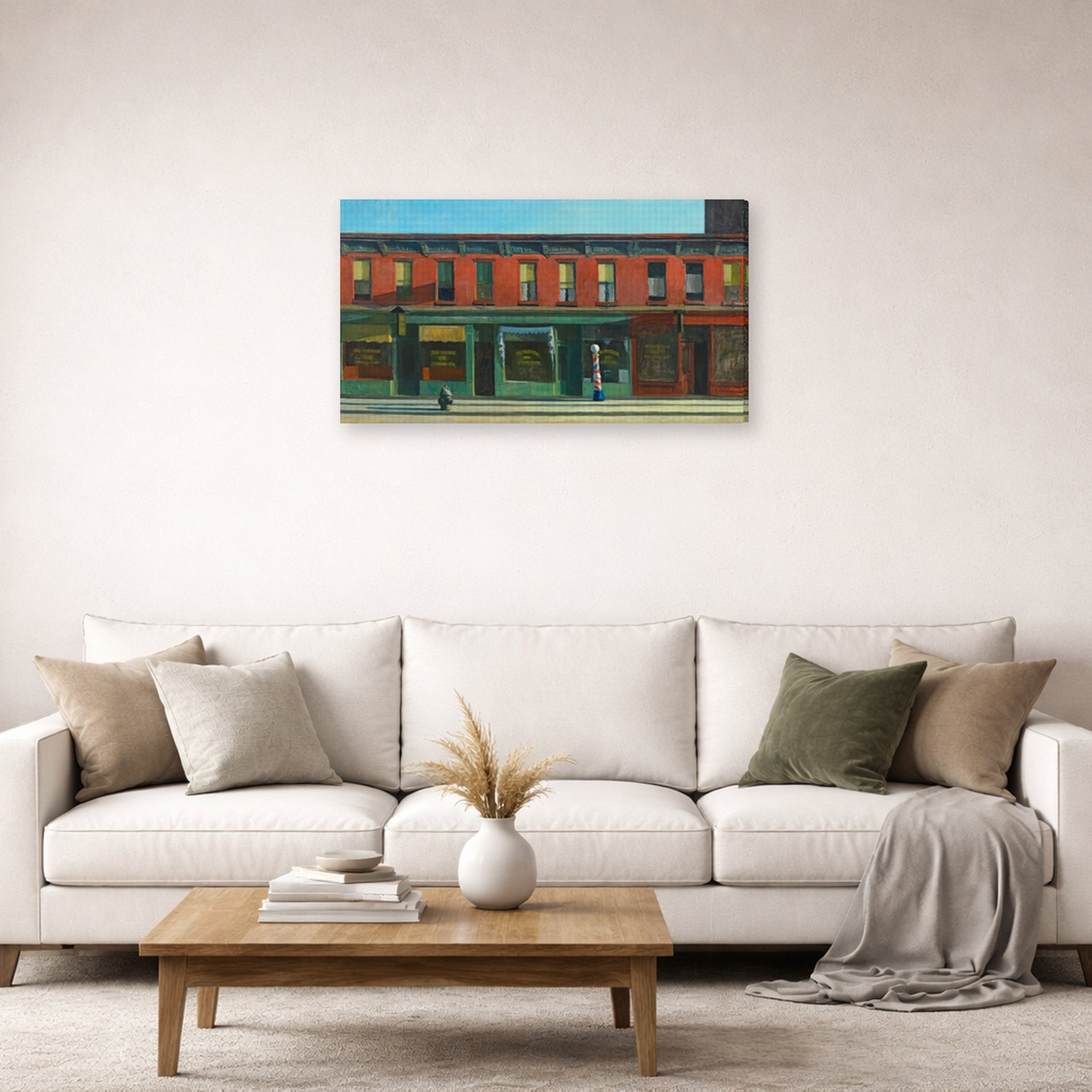 Gallery-wrapped canvas print of Edward Hopper's 'Early Sunday Morning' displayed on a wall in a living room (image 2 of 2)