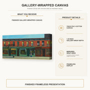 Edward Hopper - Early Sunday Morning gallery wrap canvas construction and hanging details infographic