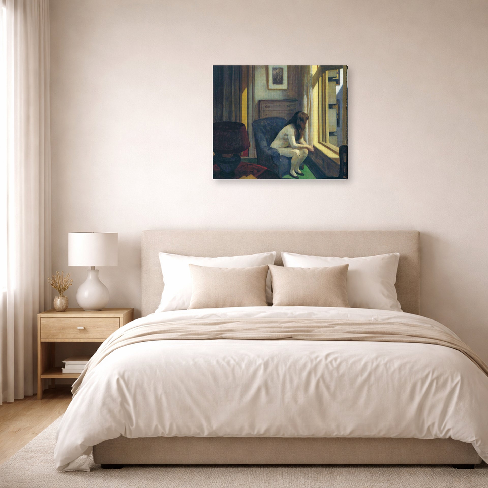 Gallery-wrapped canvas print of Edward Hopper's 'Eleven A.M. (11 am)' displayed on a wall in a bedroom