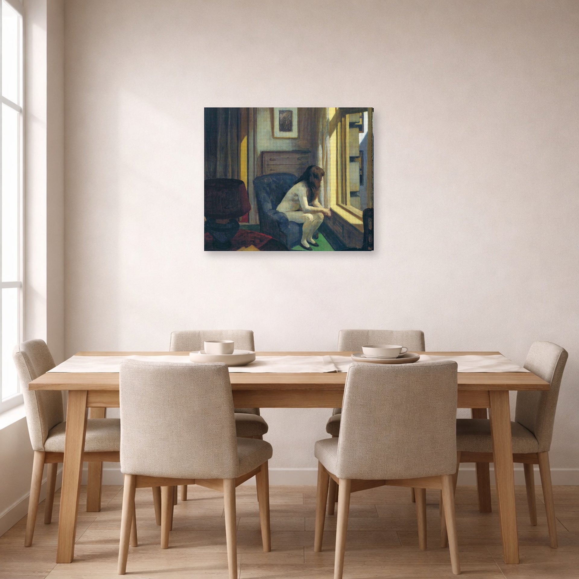 Gallery-wrapped canvas print of Edward Hopper's 'Eleven A.M. (11 am)' displayed on a wall in a dining room