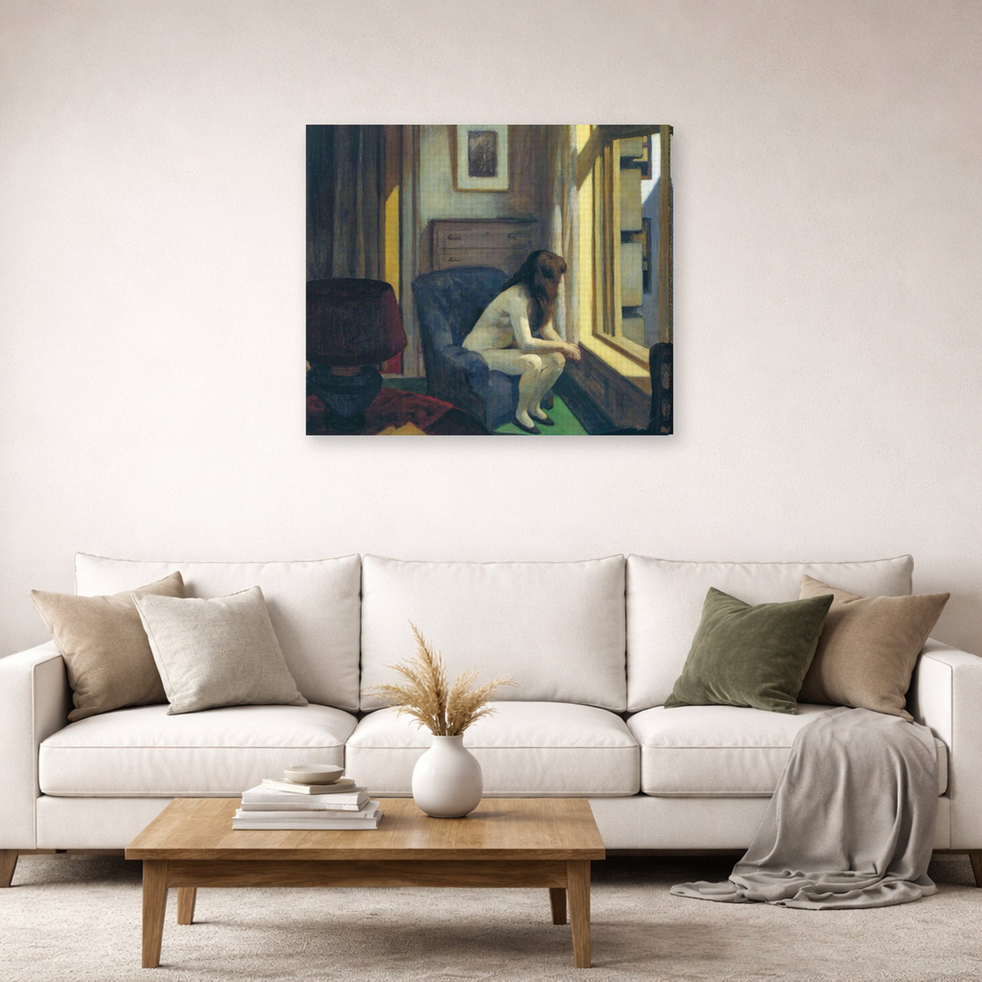 Gallery-wrapped canvas print of Edward Hopper's 'Eleven A.M. (11 am)' displayed on a wall in a living room (image 2 of 2)