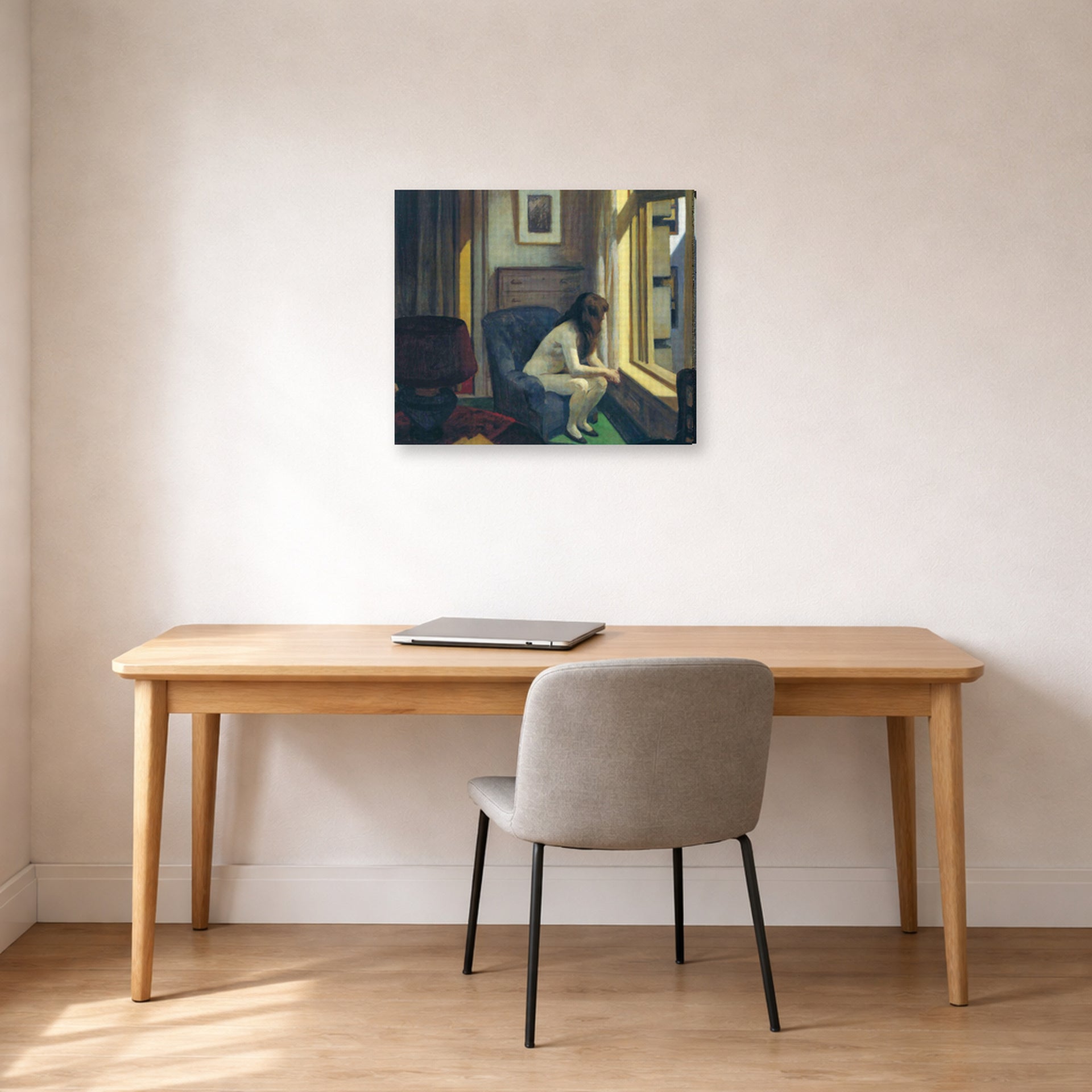 Gallery-wrapped canvas print of Edward Hopper's 'Eleven A.M. (11 am)' displayed on a wall in an office