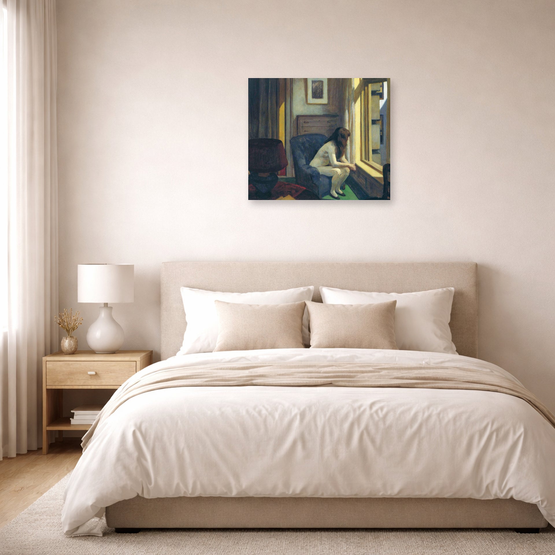Unframed poster print of Edward Hopper's 'Eleven A.M. (11 am)' displayed on a wall in a bedroom