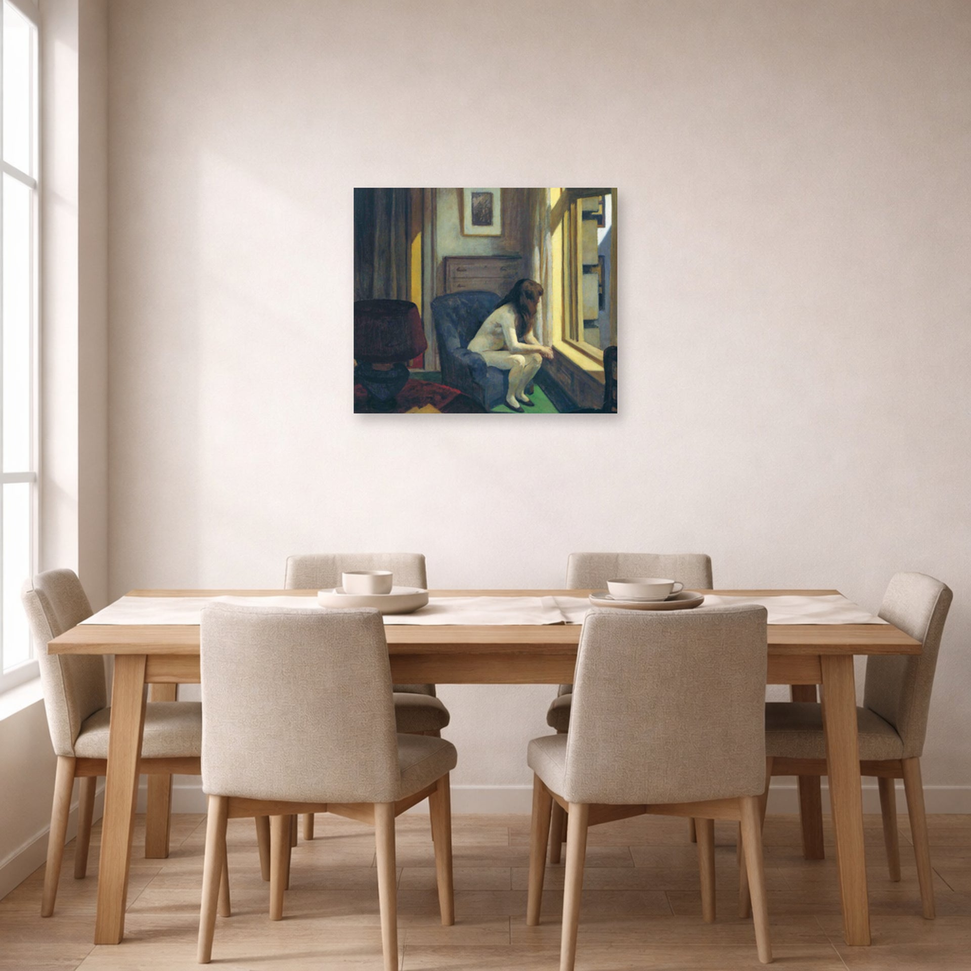 Unframed poster print of Edward Hopper's 'Eleven A.M. (11 am)' displayed on a wall in a dining room