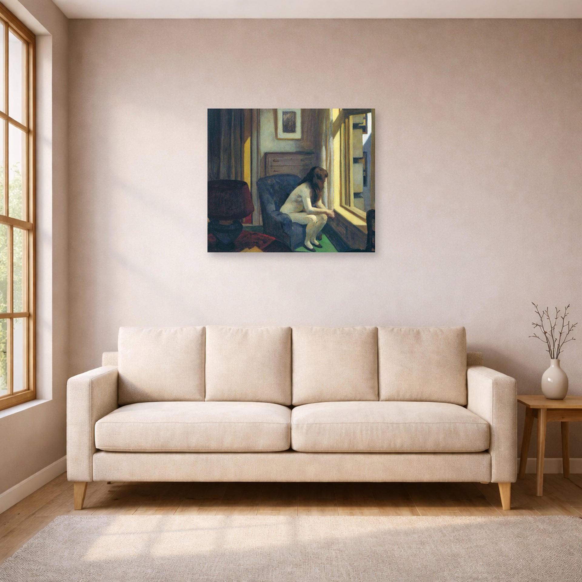 Unframed poster print of Edward Hopper's 'Eleven A.M. (11 am)' displayed on a wall in a living room (image 1 of 2)