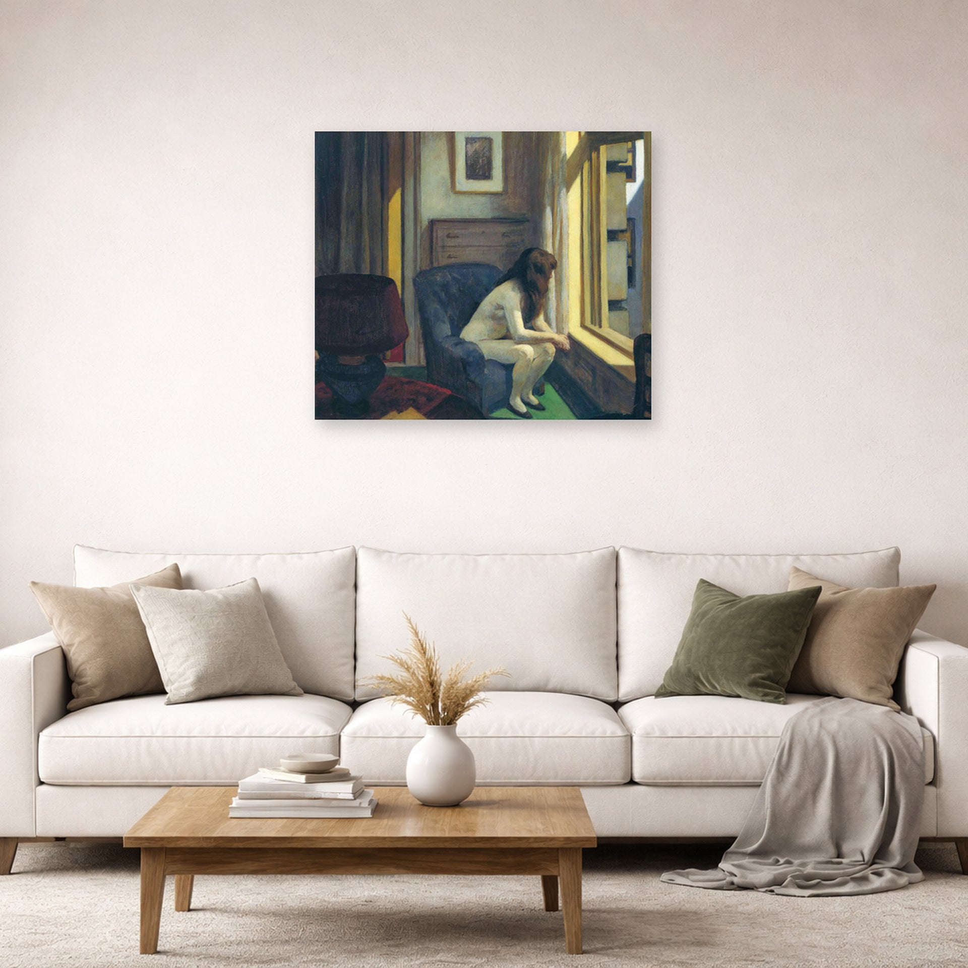 Unframed poster print of Edward Hopper's 'Eleven A.M. (11 am)' displayed on a wall in a living room (image 2 of 2)