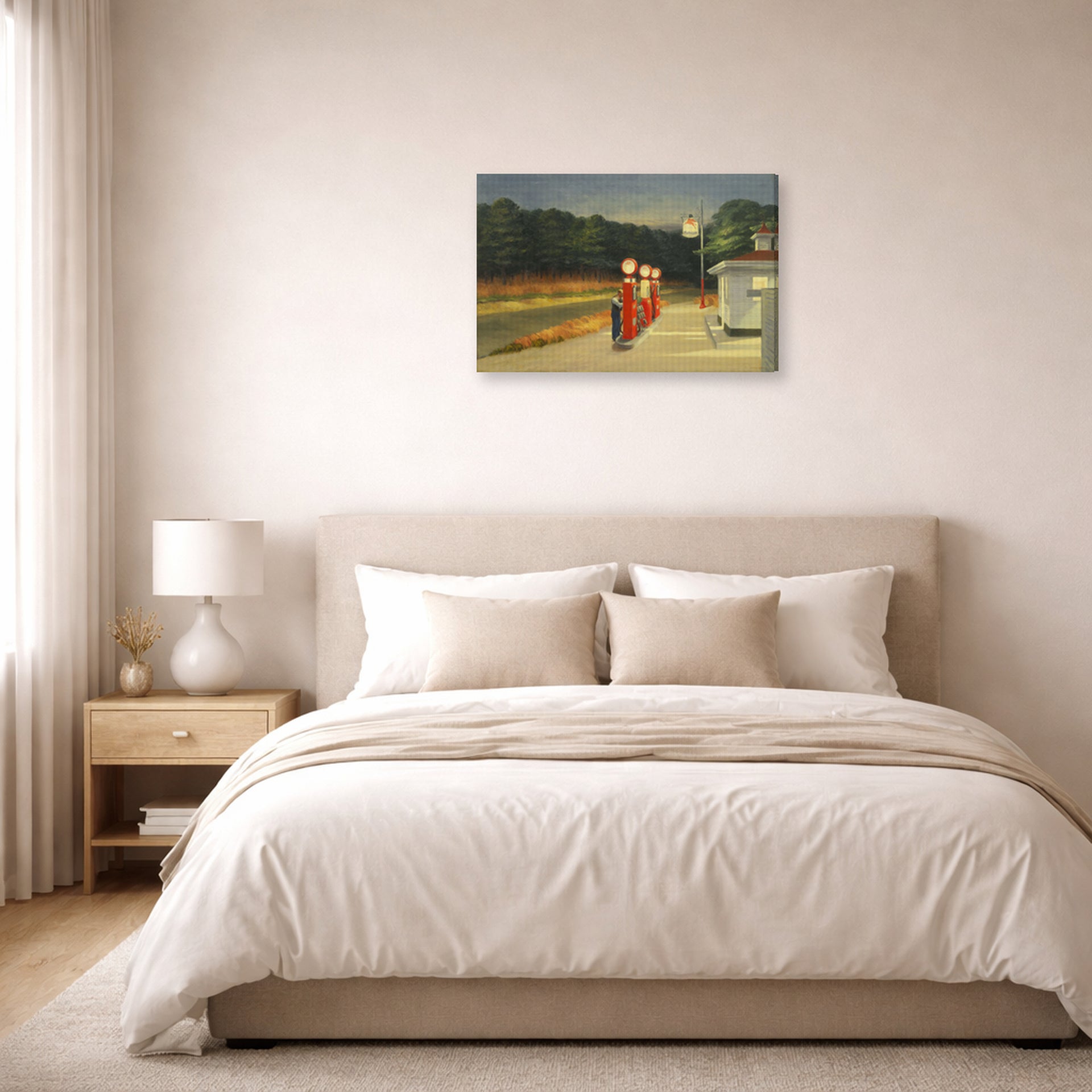 Gallery-wrapped canvas print of Edward Hopper's 'Gas' displayed on a wall in a bedroom