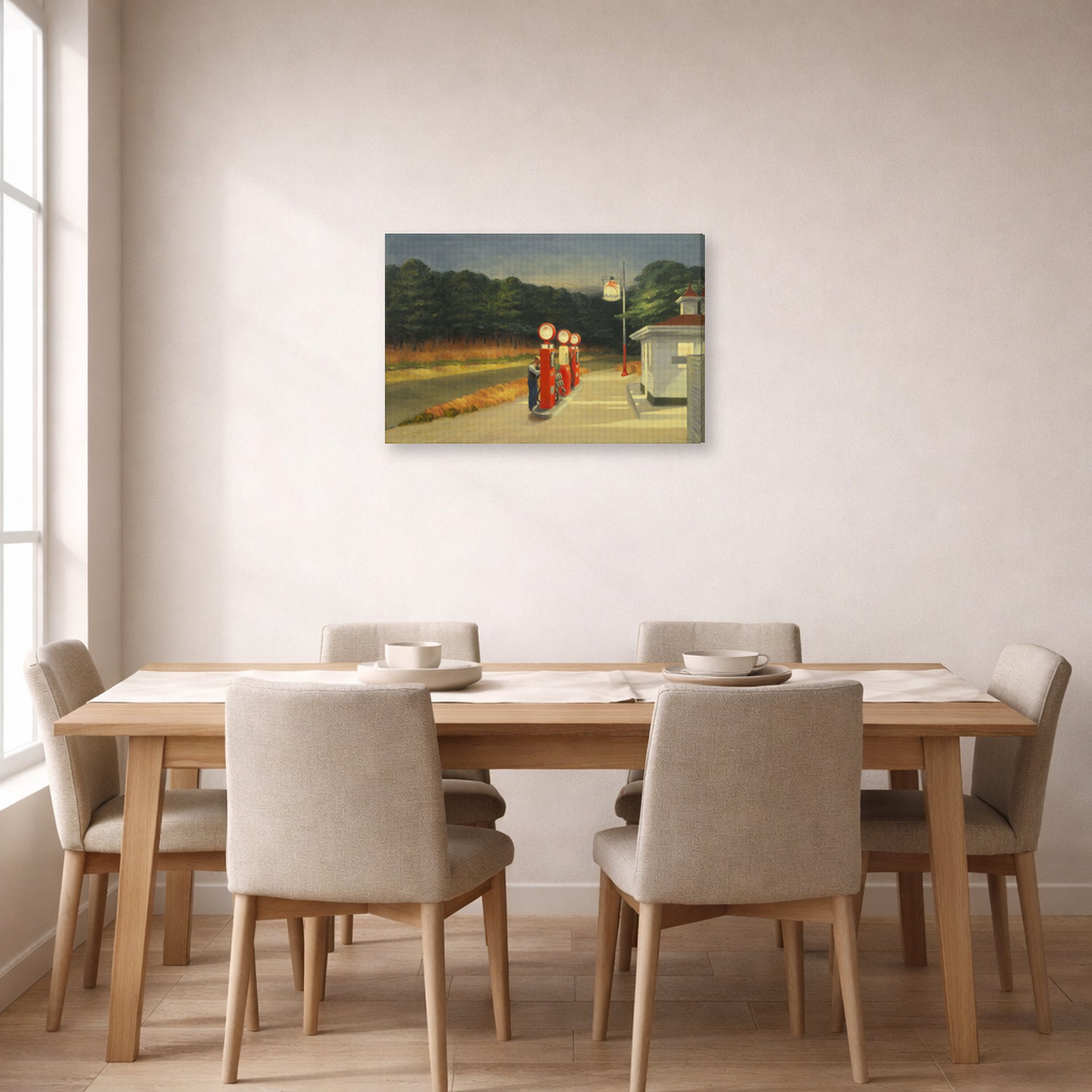 Gallery-wrapped canvas print of Edward Hopper's 'Gas' displayed on a wall in a dining room